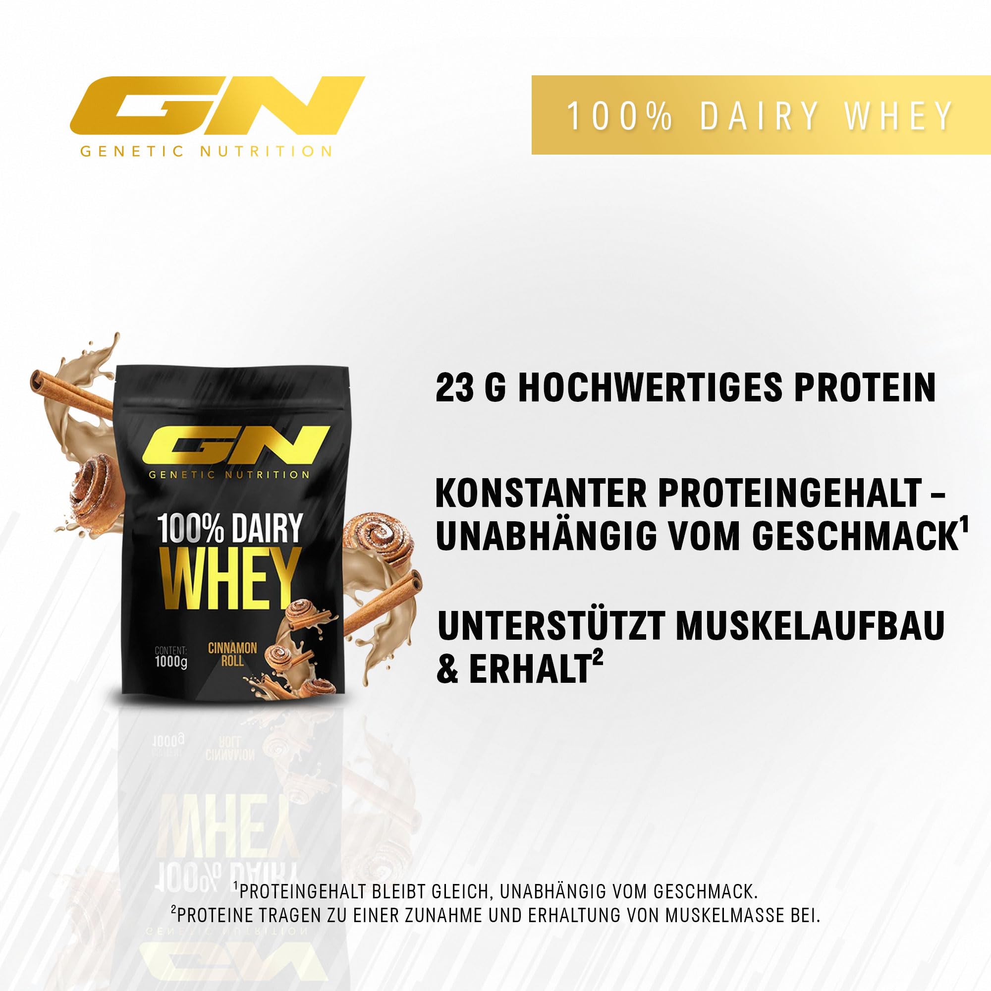 GN Laboratories 100% Dairy Whey Protein w proszku 1 kg (Cinnamon Roll) – białko w proszku z 23 g białka na porcję, idealny do budowy i utrzymania mięśni, sprawdzona jakość – Made in Germany