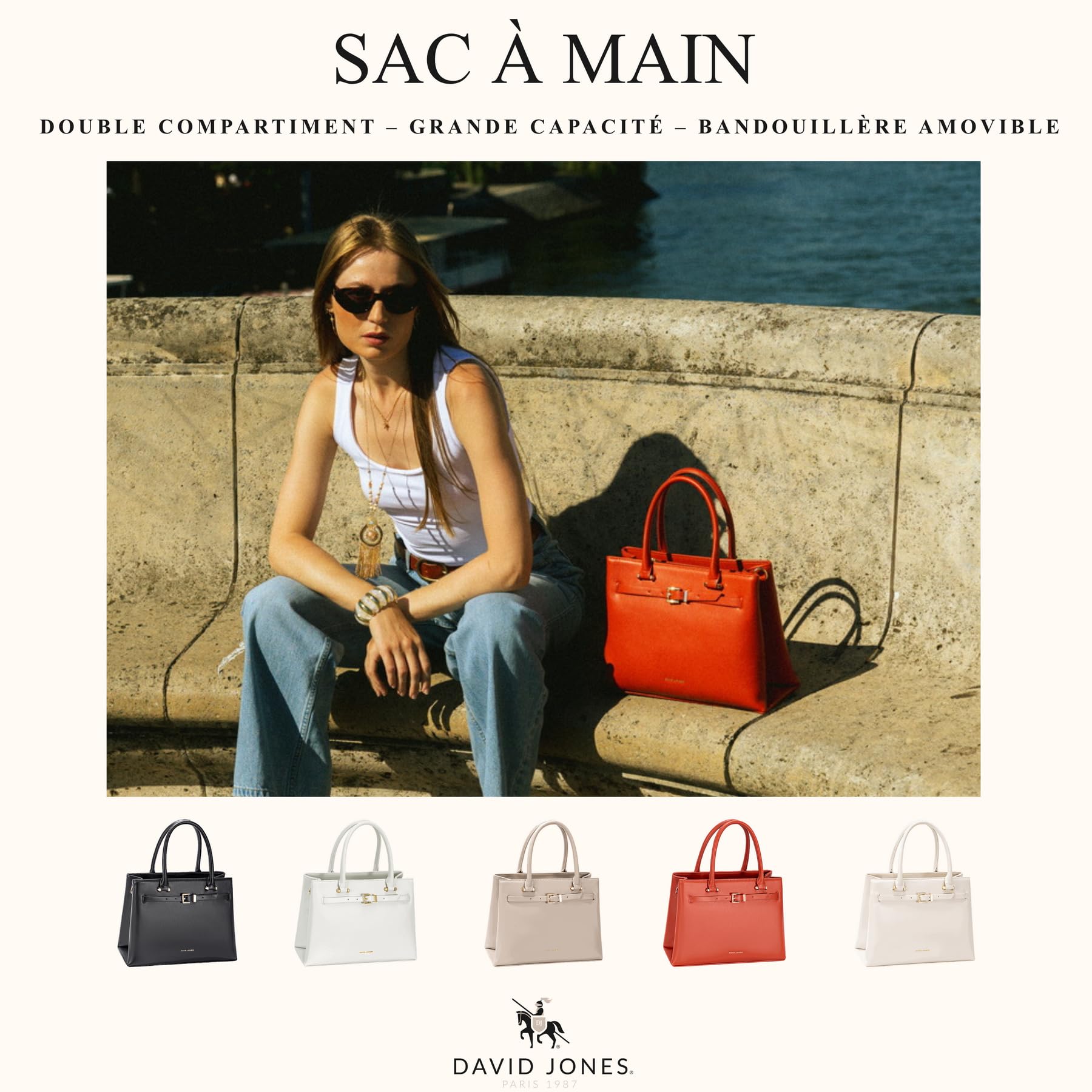 David Jones - Bolso de mano para mujer de gran formato, doble compartimento, piel sintética lisa, bandolera extraíble, bolsillos con cremallera