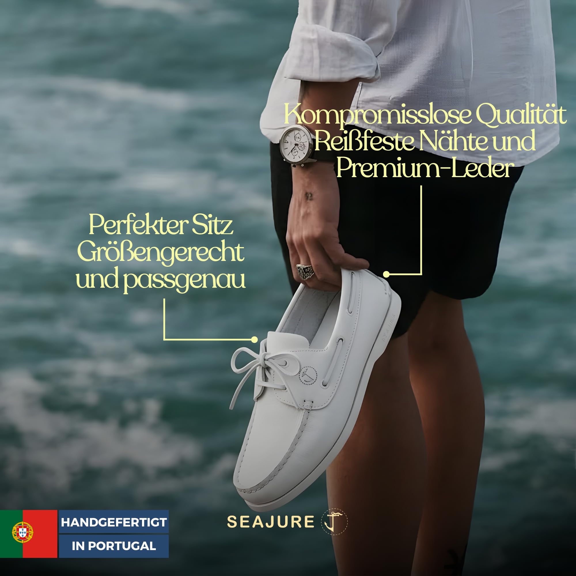 Seajure Knude Bootsschuhe Herren Weiß, handgefertigt in Portugal aus Glattleder, Segelschuhe mit Rutschfester Naturgummisohle, Bequeme Mokassins und Lederschuhe für Sommer und Freizeit