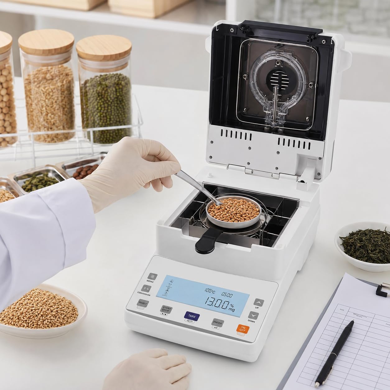 Analizador de humedad halógeno, capacidad de 110 g, precisión de 0,01 g, pantalla LCD para agricultura, medicina, pruebas de plástico y aplicaciones de laboratorio