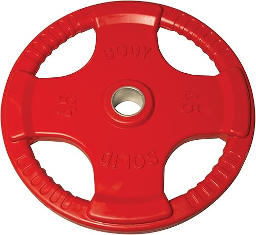 Miniatura 7 de Body-Solid Placa de goma con diseño de agarre cuádruple, discos de peso olímpicos con revestimiento de goma para levantamiento de pesas y