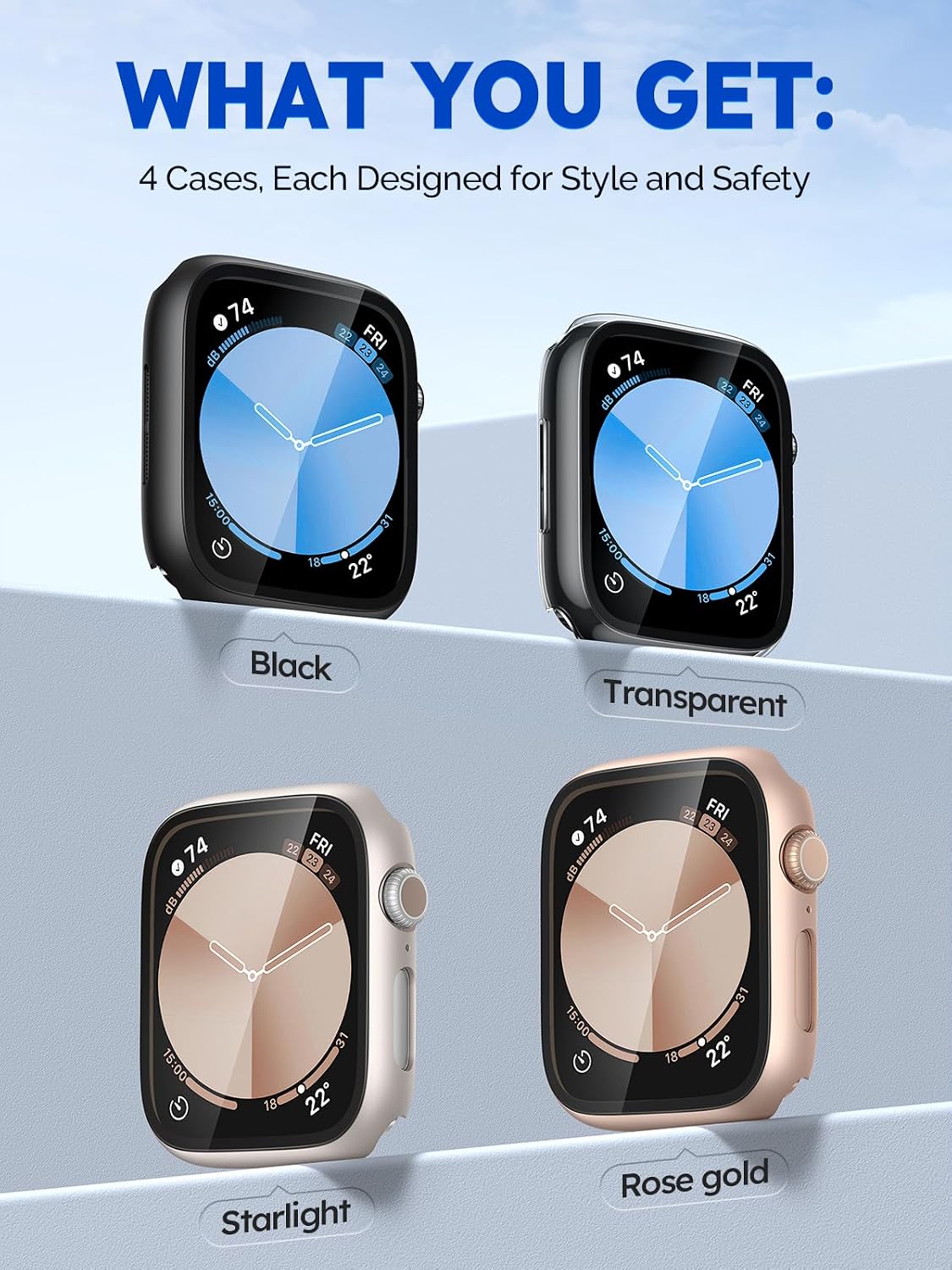 Misxi 4 Pack Case with Anti-Scratch Screen Protector for Apple Watch SE 3 SE 2 SE Series 6 Series 5 Series 4 40mm, Cover with Hard Tempered Glass, 1 Black + 1 Transparent + 1 Starlight + 1 Rose Gold