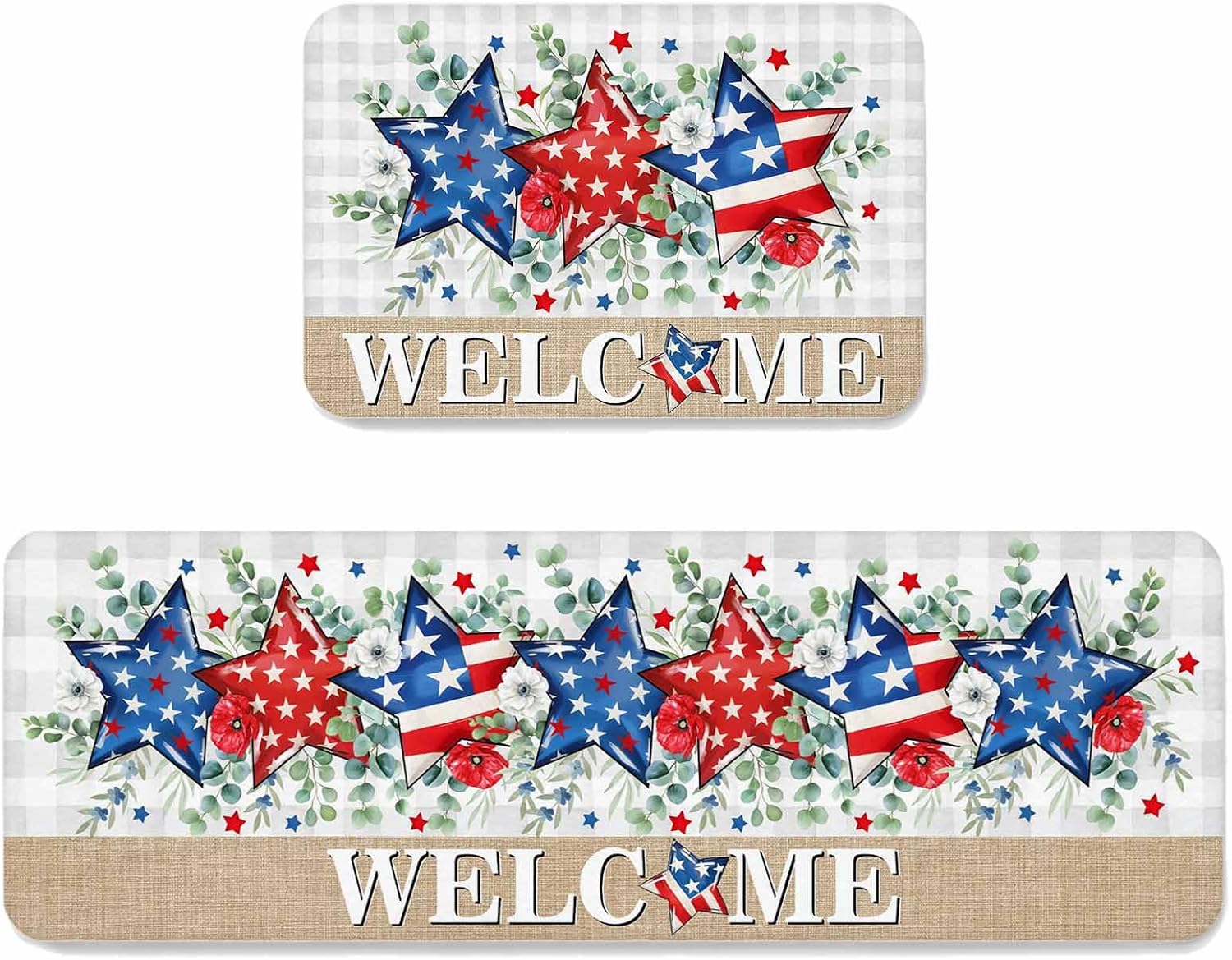Independence Day Star Kitchen Mat Set 2 Pieces Welcome Red Blue White Star Green Leaf Grey Plaid Non Slip Kitchen Rugs Washable Runner Rug Mats for Sink Laundry (19.7" x 31.5"+19.7" x 47.2")