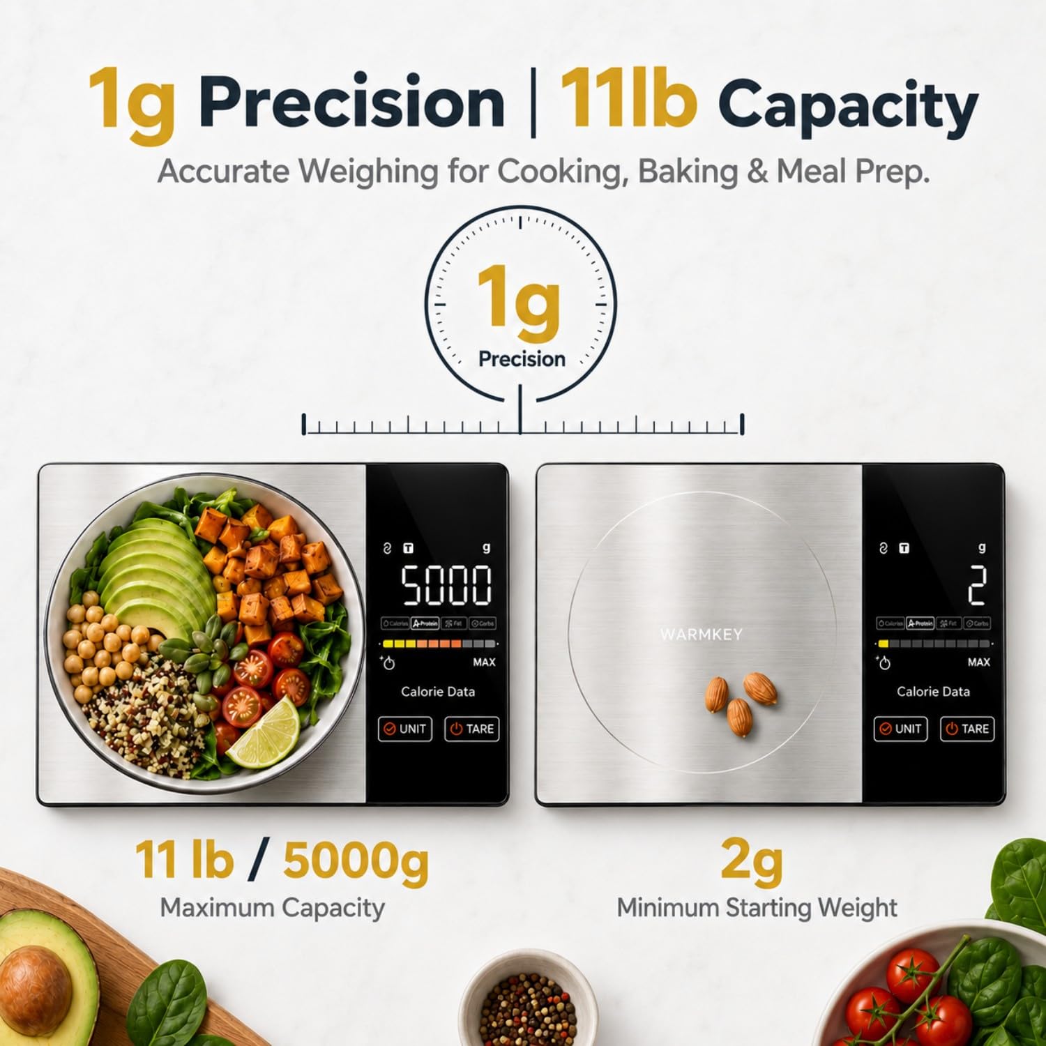 Smart Nutrition - Bilancia digitale da cucina con app calcolatrice nutrizionale, funzione tara, traccia calorie e 19 nutrienti, 5 kg, grammi/oncia, in acciaio inox per dimagrire e dieta