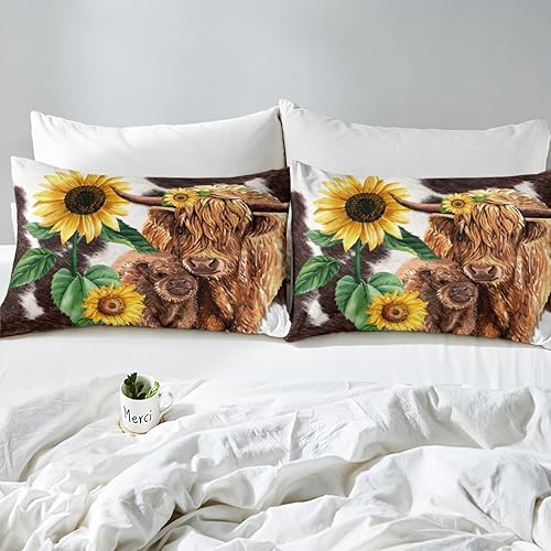Miniatura 5 de Highland Gattle Queen - Juego de edredón con estampado de vaca marrón para niños y niñas, edredón de girasol de piel de vaca occidental, relleno de