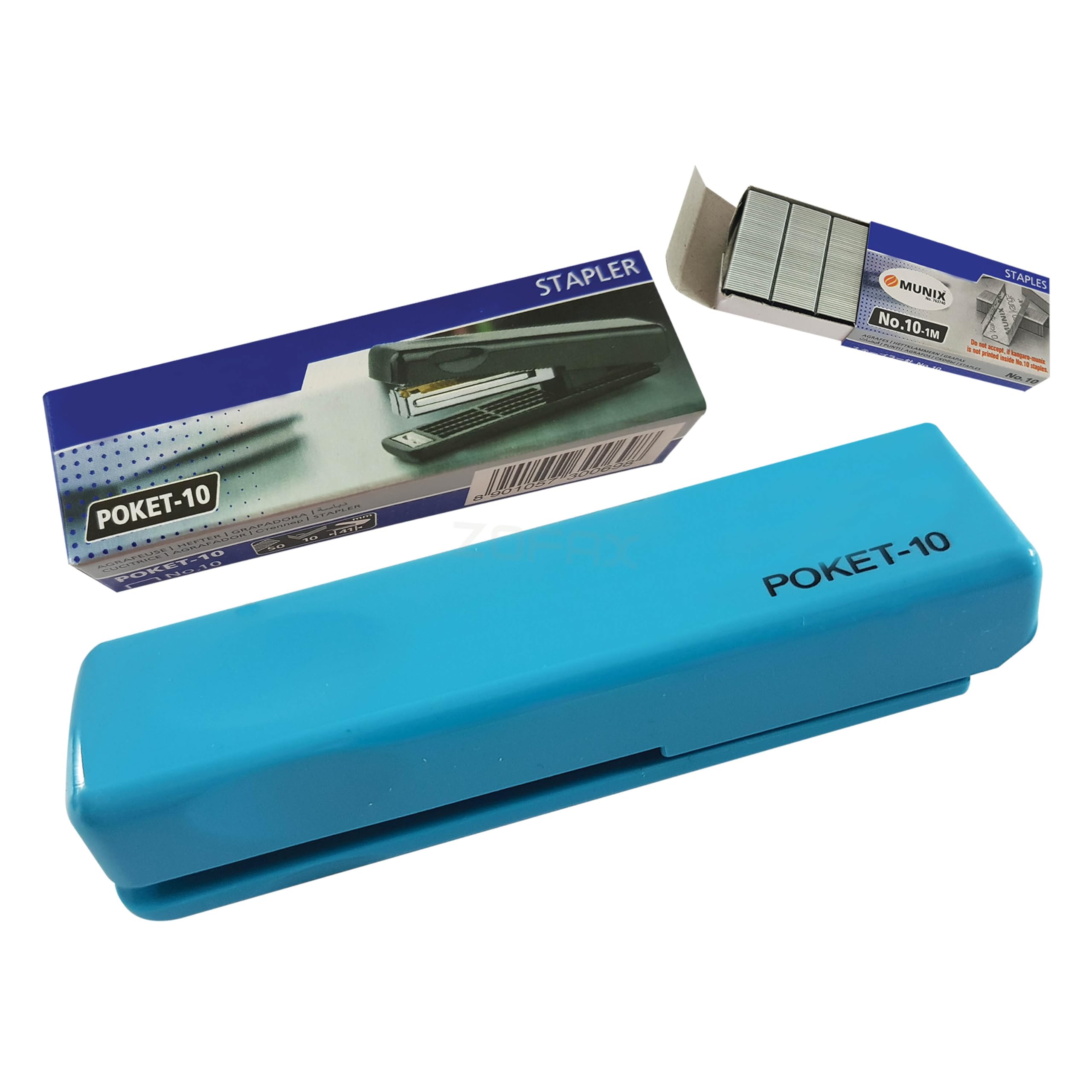 ZPOCKET10 Handy Folding Type Mini Stapler, Azure Body + 1000 Staples, 10 Sheets Stapling, Perfect School Home Travel Stapler, iZOFAX Black Ball Pen
