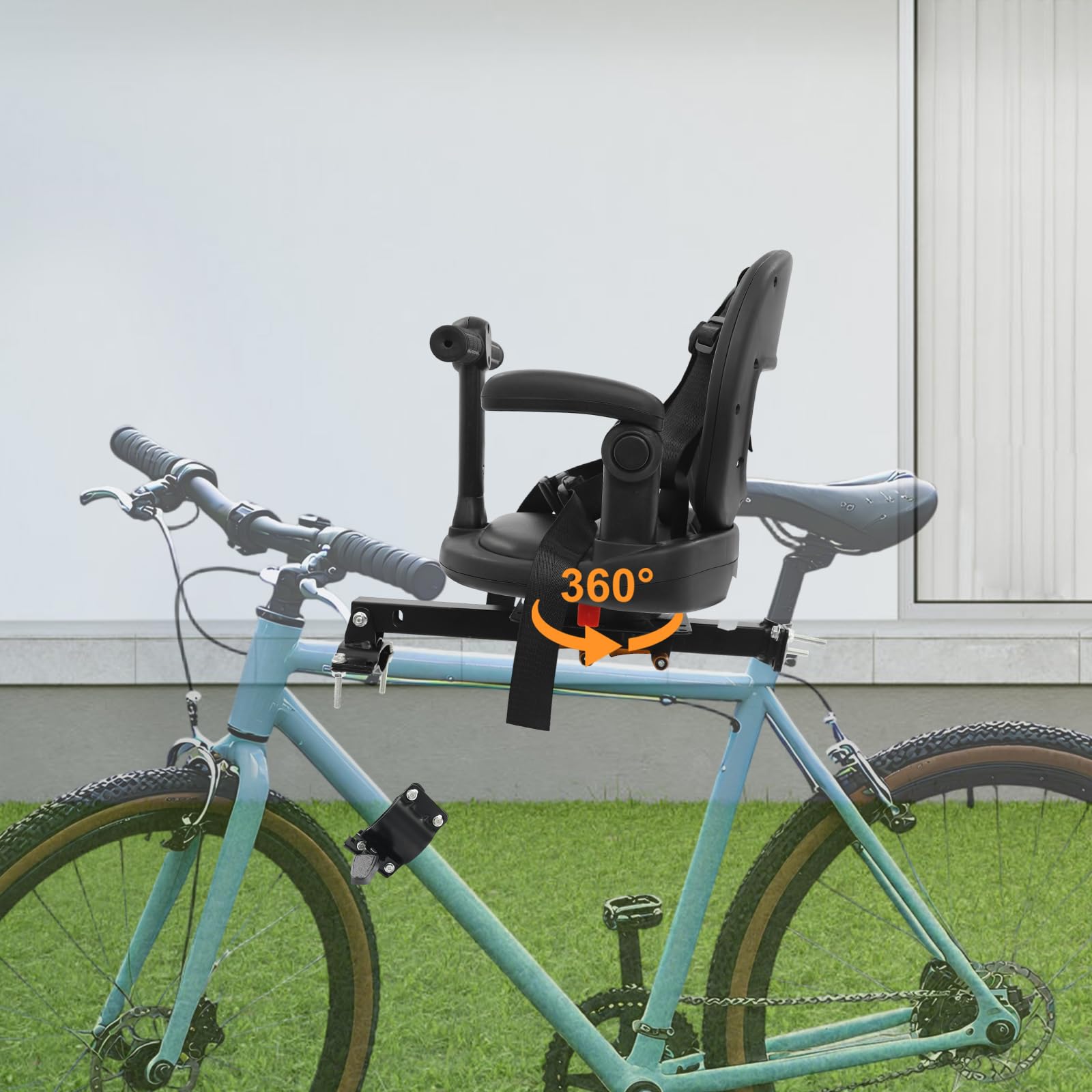 Seggiolino anteriore per bicicletta per bambini, girevole a 360°, con poggiapiedi pieghevole e manico per guardrail, universale, colore nero