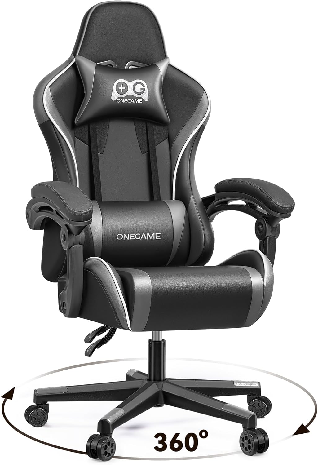 OneGame Gaming Chair for Adult, Ergonomic Computer Gamer Chair, Racing Style Swivel Office Desk Chair with Headrest and Lumbar Support, Blackgray