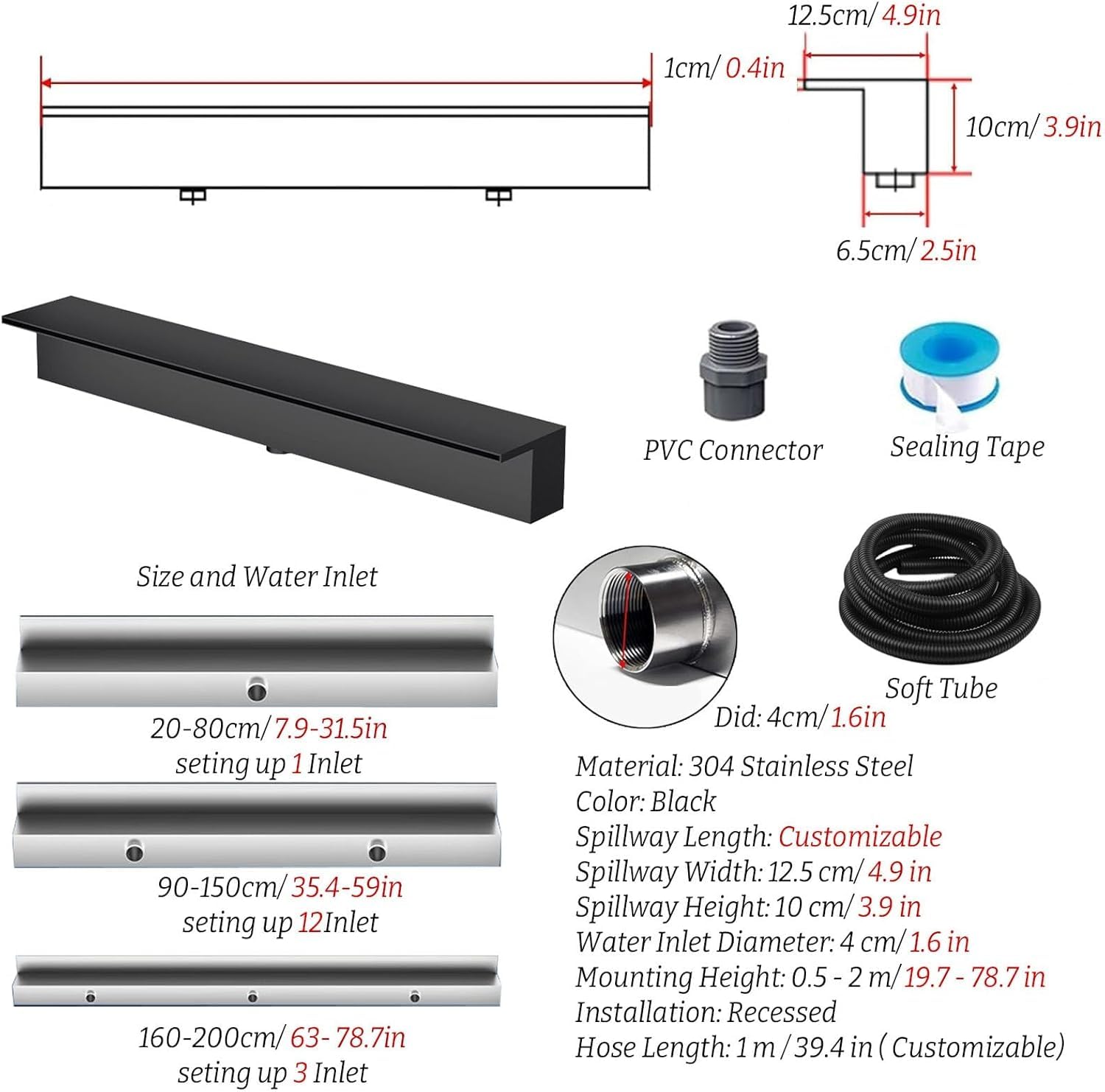 Déversoir cascade personnalisable en acier inoxydable pour bassins à poissons, cascade de piscine de 135 cm de large, aménagements aquatiques extérieurs avec raccord en PVC, finition argent/