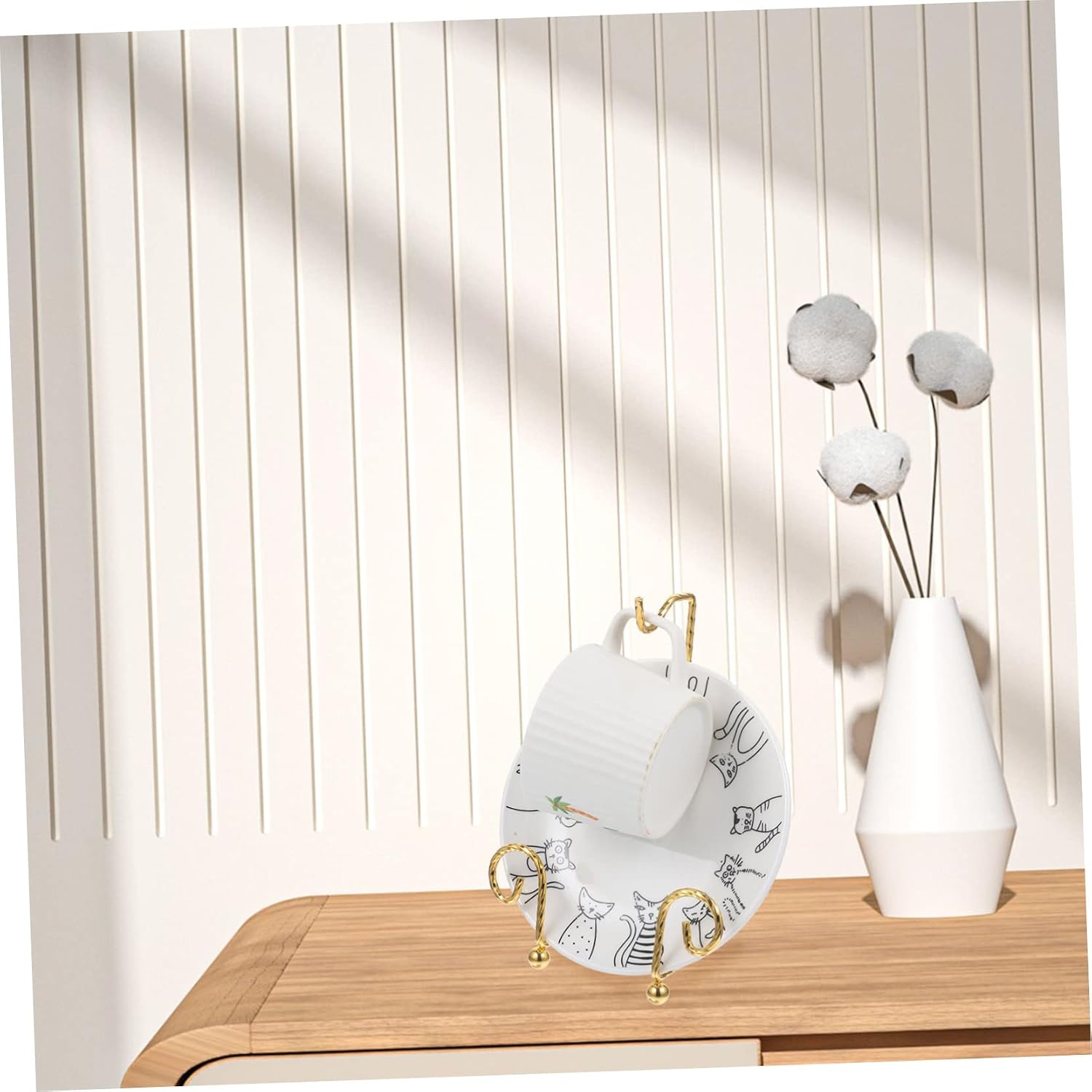 LIFKOME 2pcs Gold Plated Cup Display Stand Elegant Ceramic Mug Holder with Saucer Rack Organizer for Tea and Mugs for Home and Office Decor