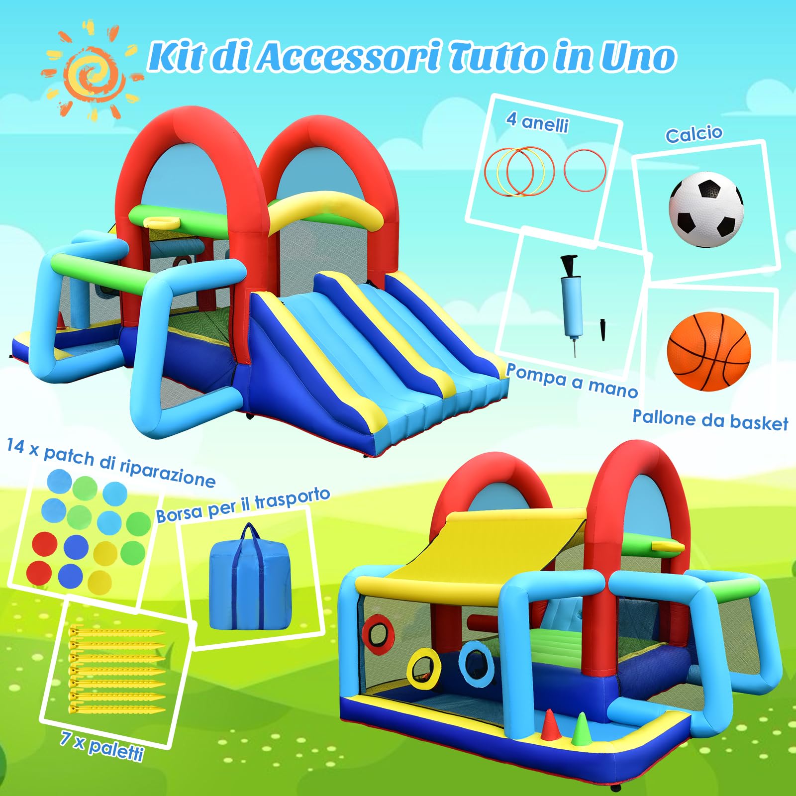 COSTWAY Castello Gonfiabile per bambini, Casa Gonfiabile con Doppio Scivolo, Area per Saltare, Piscina, con Borsa di Trasporto e Kit di Riparazione, per 4 Bambini di 3-10 Anni (Con soffiatore)