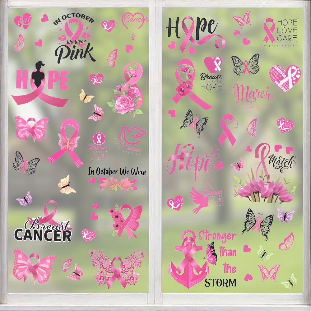 Hying 9PCS Breast Cancer Awareness Window Clings for Glass Windows Removable, Hope Fight Cancer Theme Pink Ribbon Window Sticker for Breast Cancer Awareness Supplies Party Decoration Accessories