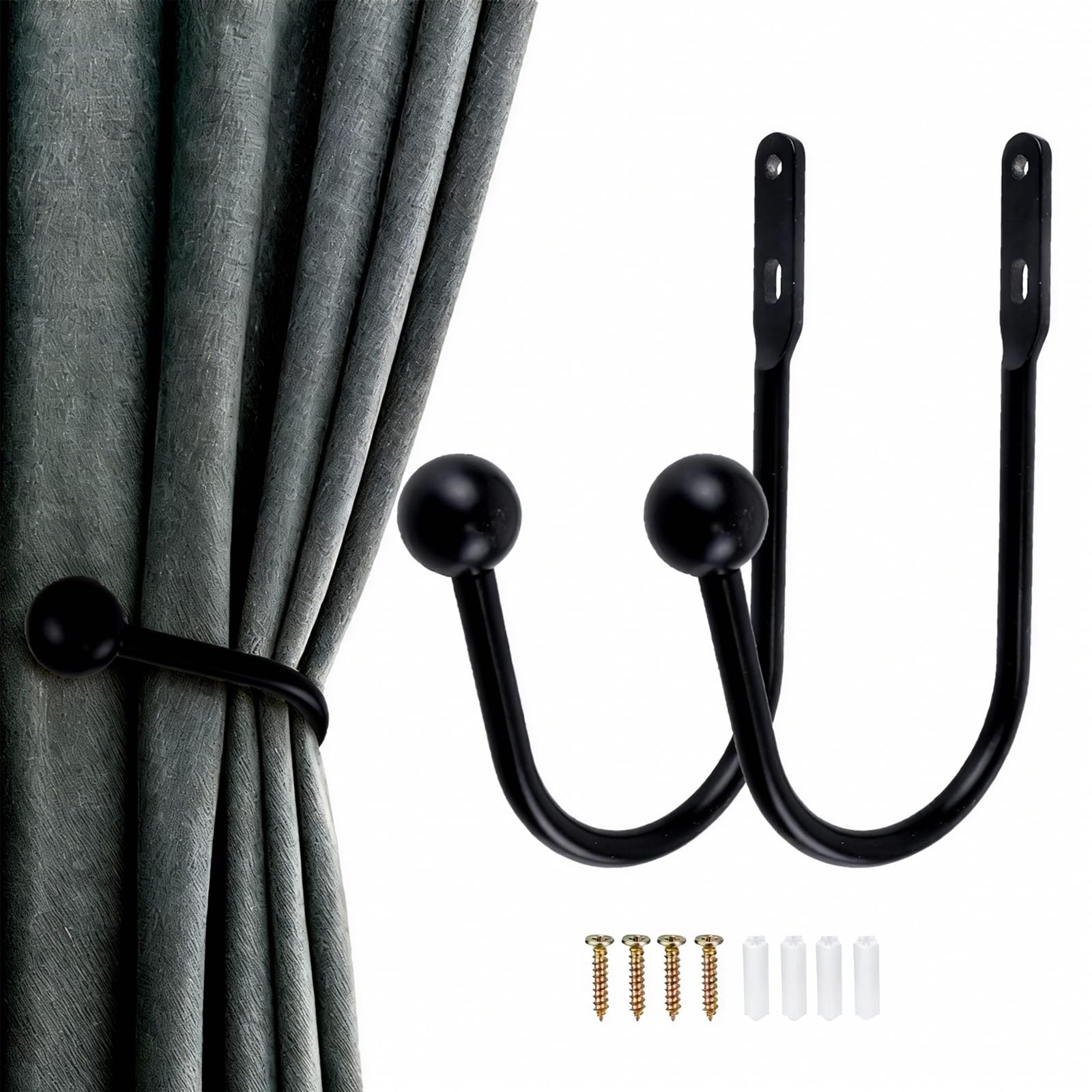 Acquwistach Black 2Pcs Curtain Tie Backs, Curtain Holdbacks Wall Mounted Window, Retro U-Shaped Wall Mounted Metal Hooks Decorative Drapery Holder With Screws For Bedroom Fixed Curtains Or Hanging Items(Black)