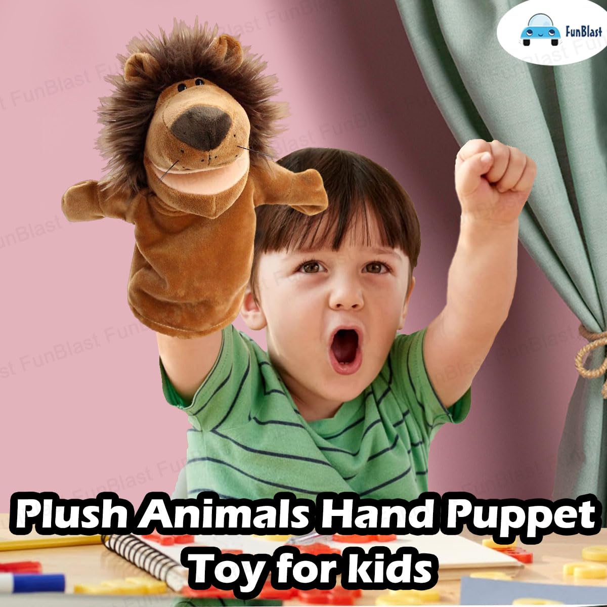 FunBlast Animals Hand Puppet - Plush Puppet with Movable Open Mouth, Soft Puppets Toy for Storytelling, Fun Play Learning Toy (Lion) 3