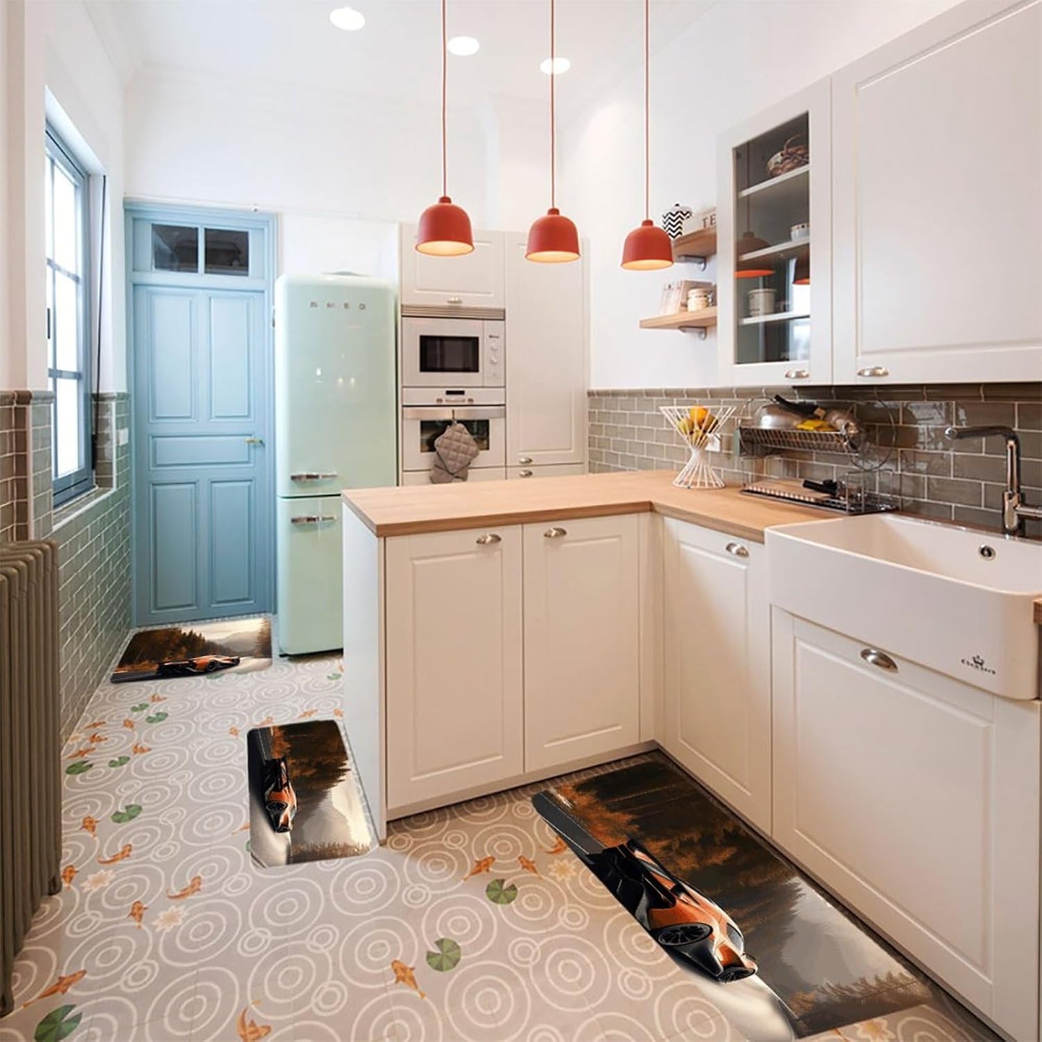 Sports Car on The Road Kitchen Mats for Floor 3 Pcs Kitchen Rugs