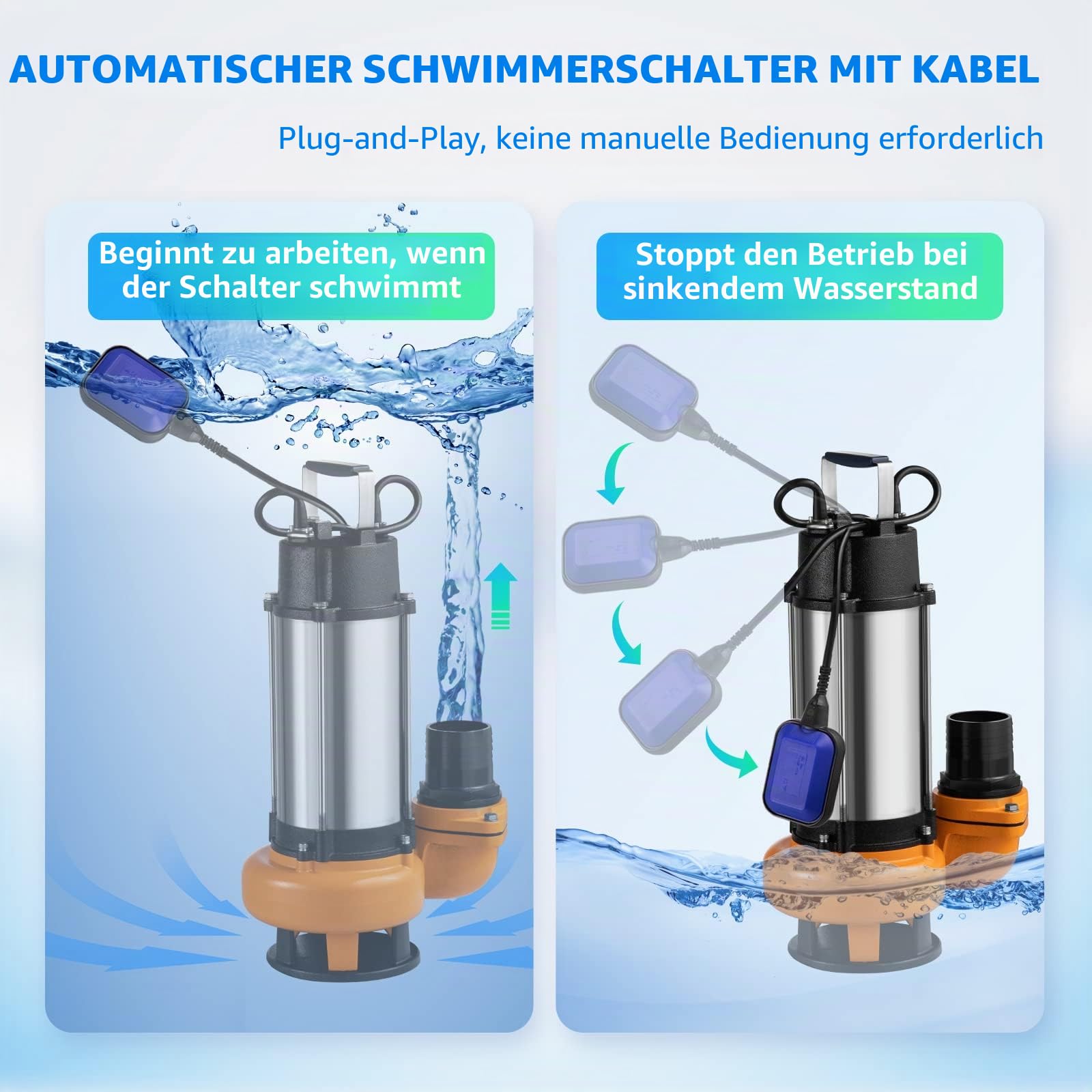 VEVOR Schmutzwasserpumpe mit var. Schwimmerschalter Tauchpumpe 2200W Gartenpumpe Durchfluss 60000L/h Schmutzwassertauchpumpe max. Hub 18m Wasserpumpe IPX8 Ideal zum Pumpen von Wasser