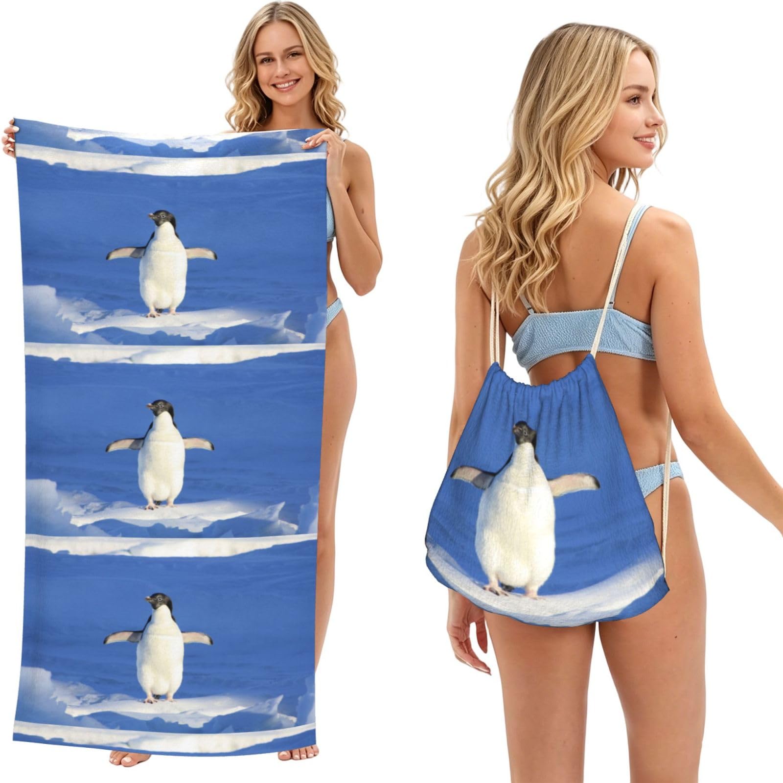 Poadnly As Picture Penguin, 2 In 1 Packable Towel Bag, Beach Towels With Drawstring Backpack For Travel Holiday Camping