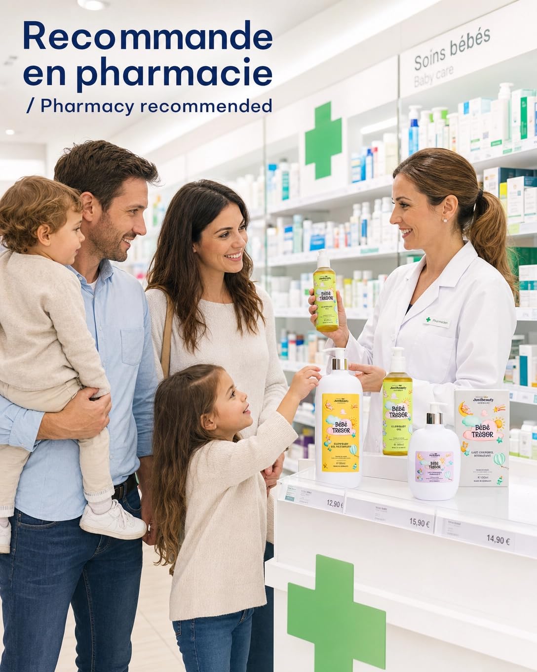 Bébé Trésor - Set per la cura della pelle sensibile del bambino, latte corpo 500 ml, gel doccia 300 ml, olio da massaggio naturale 200 ml