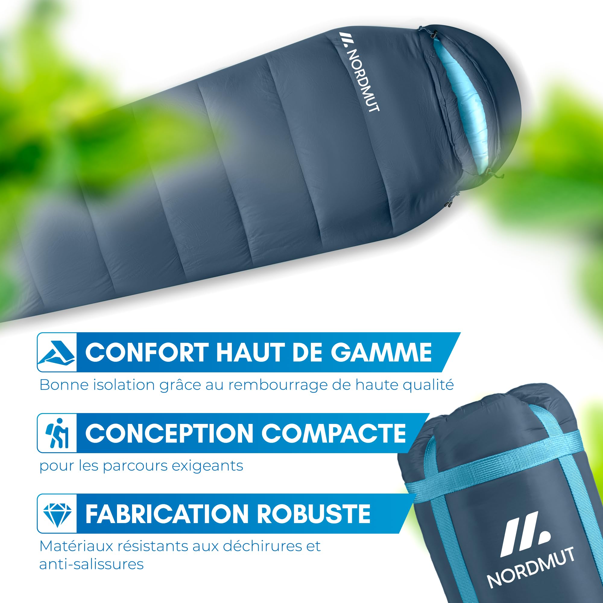 NORDMUT® Sac de Couchage pour Adultes – Petit Format et Ultra-léger (900/1500 g) – 3 Saisons (250 GSM) et Sac de Couchage d'été (100 GSM) - pour Le Camping et Les activités de Plein air