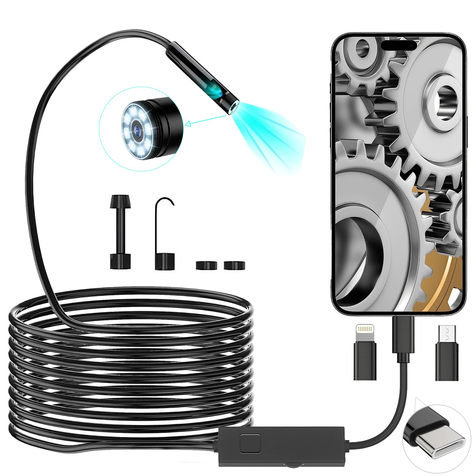 Endoscopio per Smartphone, Doppia Lente Endoscopio Industriale (3-in-1) - 1920P HD,Impermeabile IP67 con 8+1 LED,Cavo Semi-Rigido 5m,Funziona con Smartphone Android e iOS, iPad