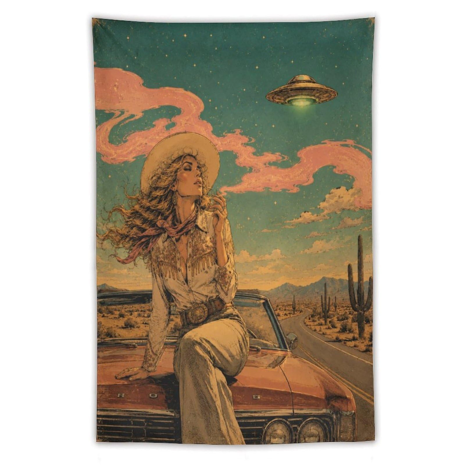W7C8U2X3 UFO Cowgirl Desert Road Wall Tapestry, Surrealist Style, Dorm Room