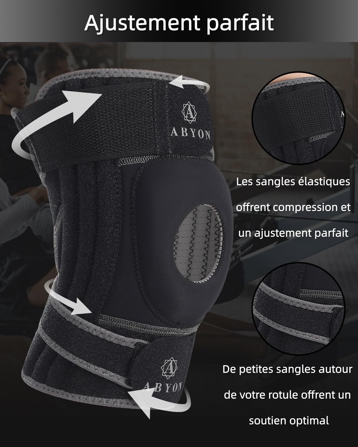 ABYON ELITE Genouillère Hommes & Femmes avec sangles antidérapantes réglables 4 niveaux et stabilisateurs latéraux – Attelle de genou pour douleurs, arthrite, LCA, ménisque, genou du coureur