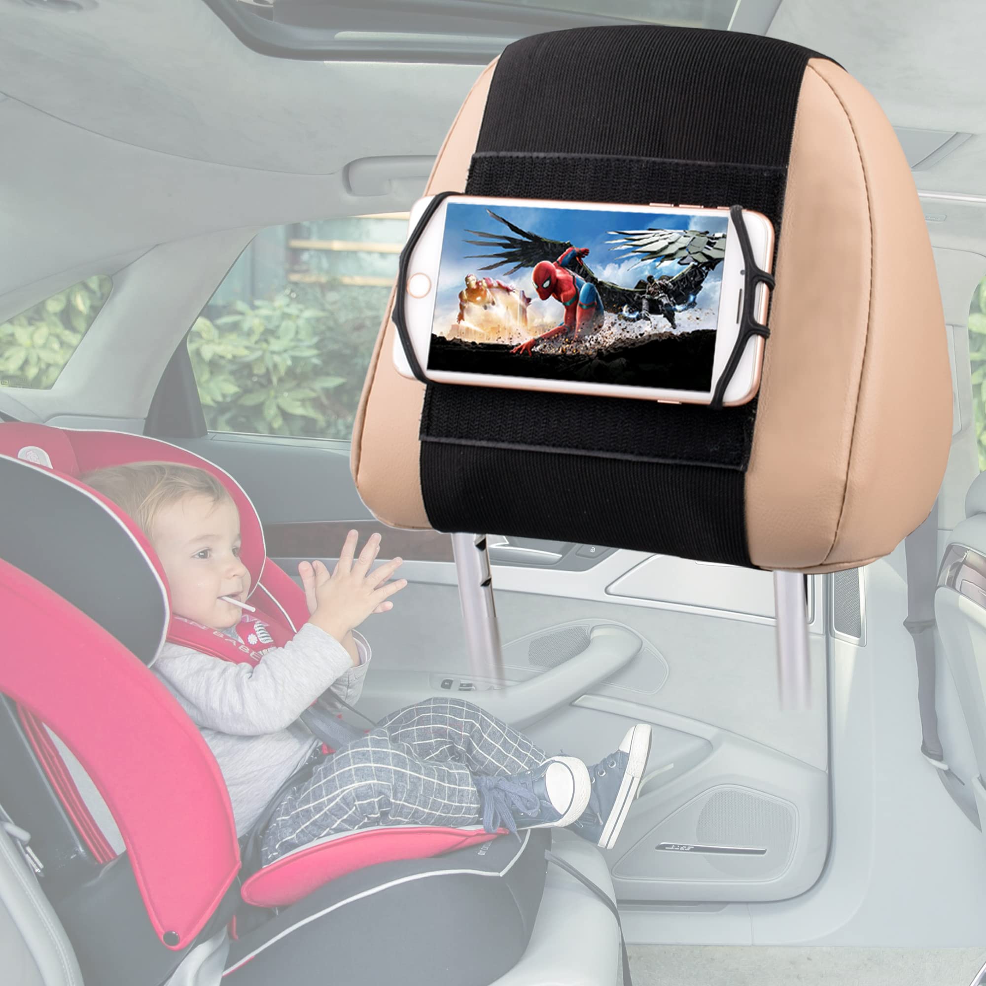 HTLAKIKJ Phone Mount for Car Headrest Fits All 3.5 - 7 Inch Cell Phone and Devices Silicone Car Phone Holder Mount for Kids in Back Seats - Black