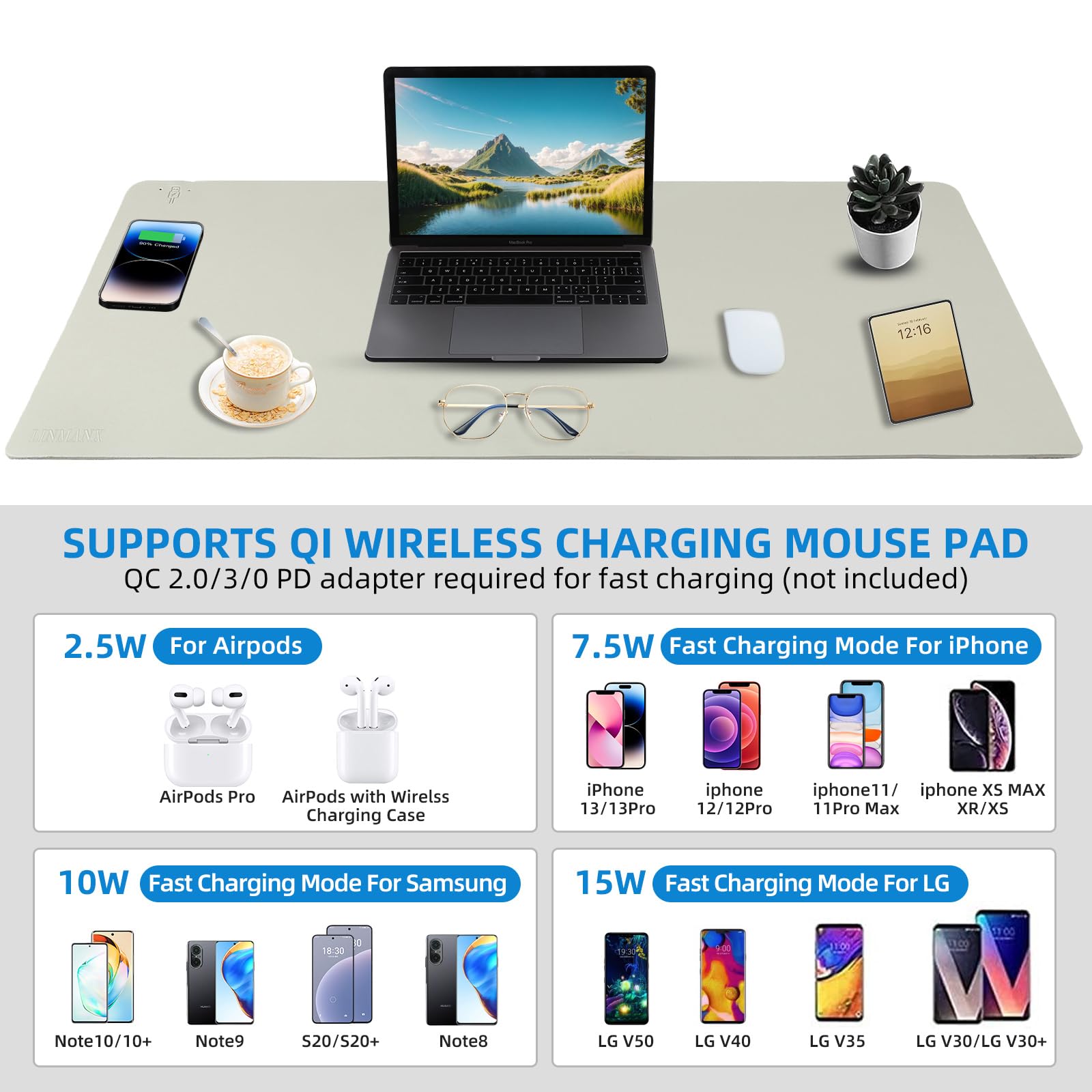 Tappetino per mouse con ricarica wireless, grande tappetino da scrivania con base antiscivolo, tappetino per mouse e tappetino per computer, tappetino di ricarica wireless per ufficio, casa, lavoro,
