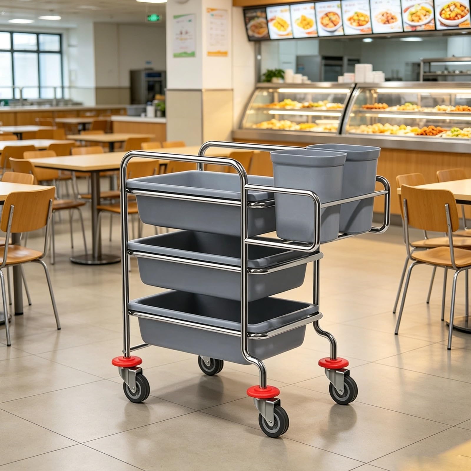 Carrito Cocina for Recoger Platos, Carro de Recogida de Platos de Acero Inoxidable, Camarera con Ruedas, for escuelas, Restaurantes(Blue)