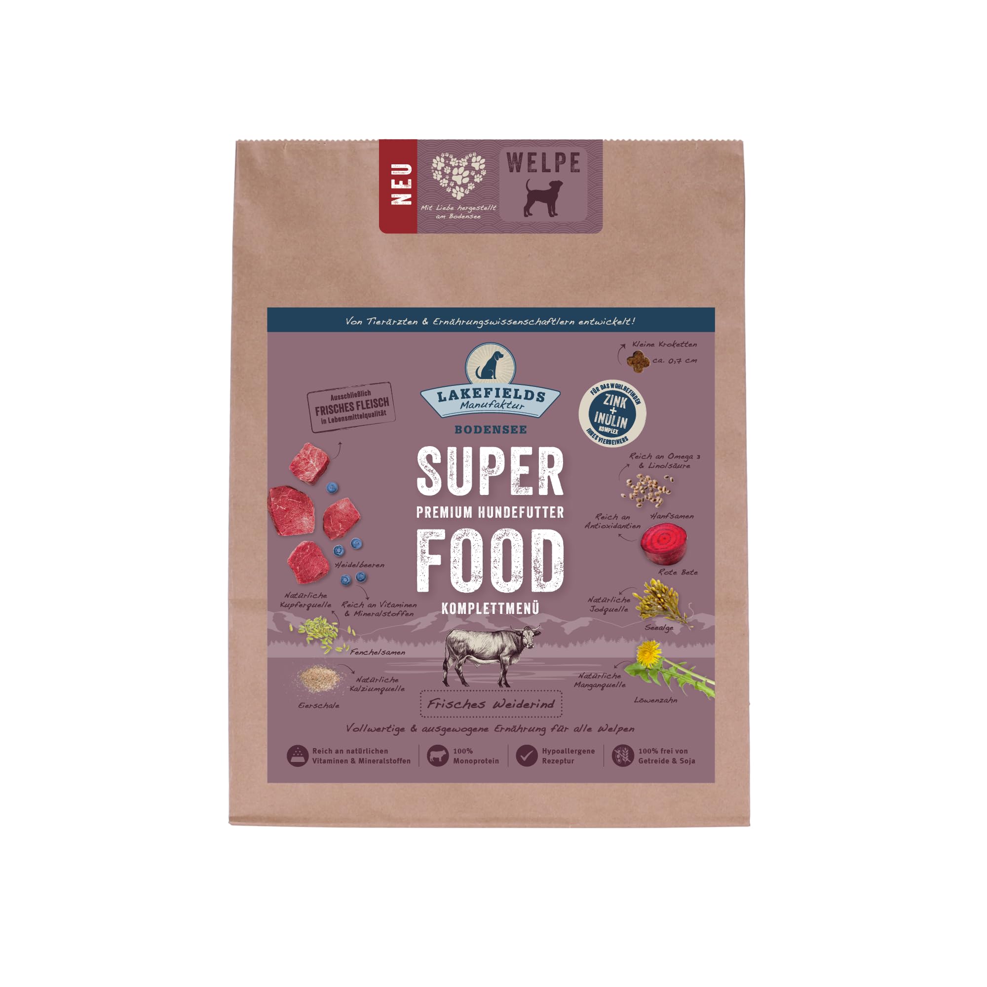 Lakefields Superfood Rin Premium para cachorros, la sensación de comida seca para su perro, tamaño: 3 x 1 kg