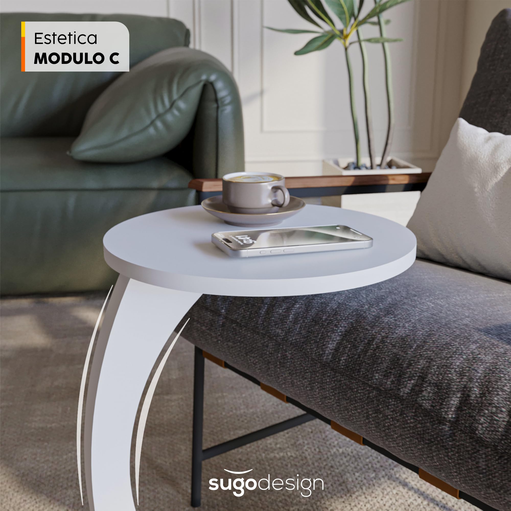 Sugodesign Tavolino rotondo da salotto, con ruote, a forma di C, elegante, ideale come piano d’appoggio per divano e poltrona, bianco