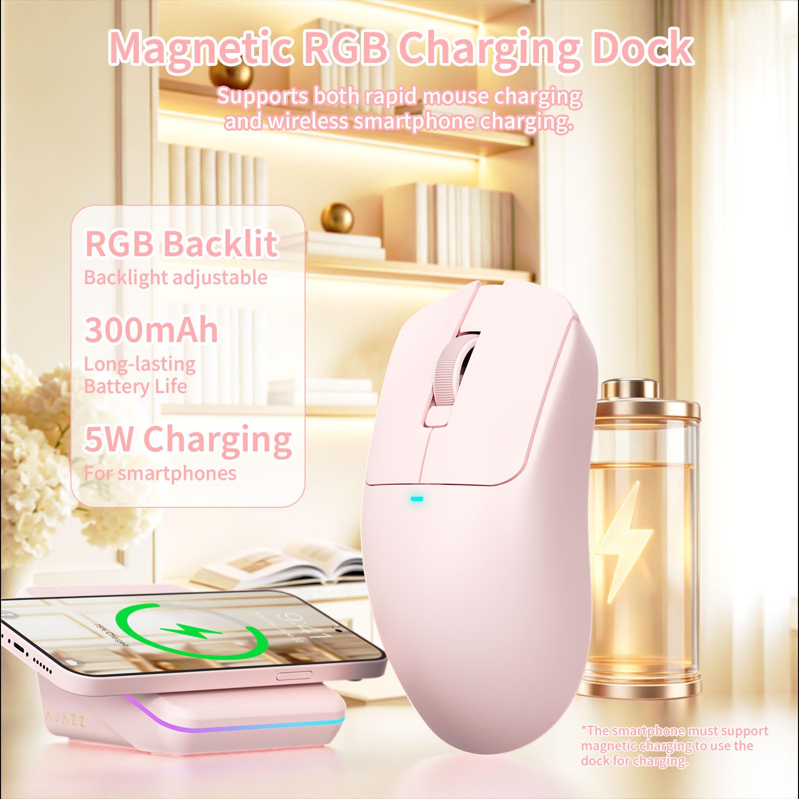 A.JAZZ AJ200P Bezprzewodowa Mysz Obsługuje AI Prompt & RGB Stację Dokującą | Mysz komputerowa BT/2,4G/Przewodowa, lekka, z funkcją AI Voice Typing, sensorem PAW3311, 24K DPI, 1000Hz biura/gier - Różowa
