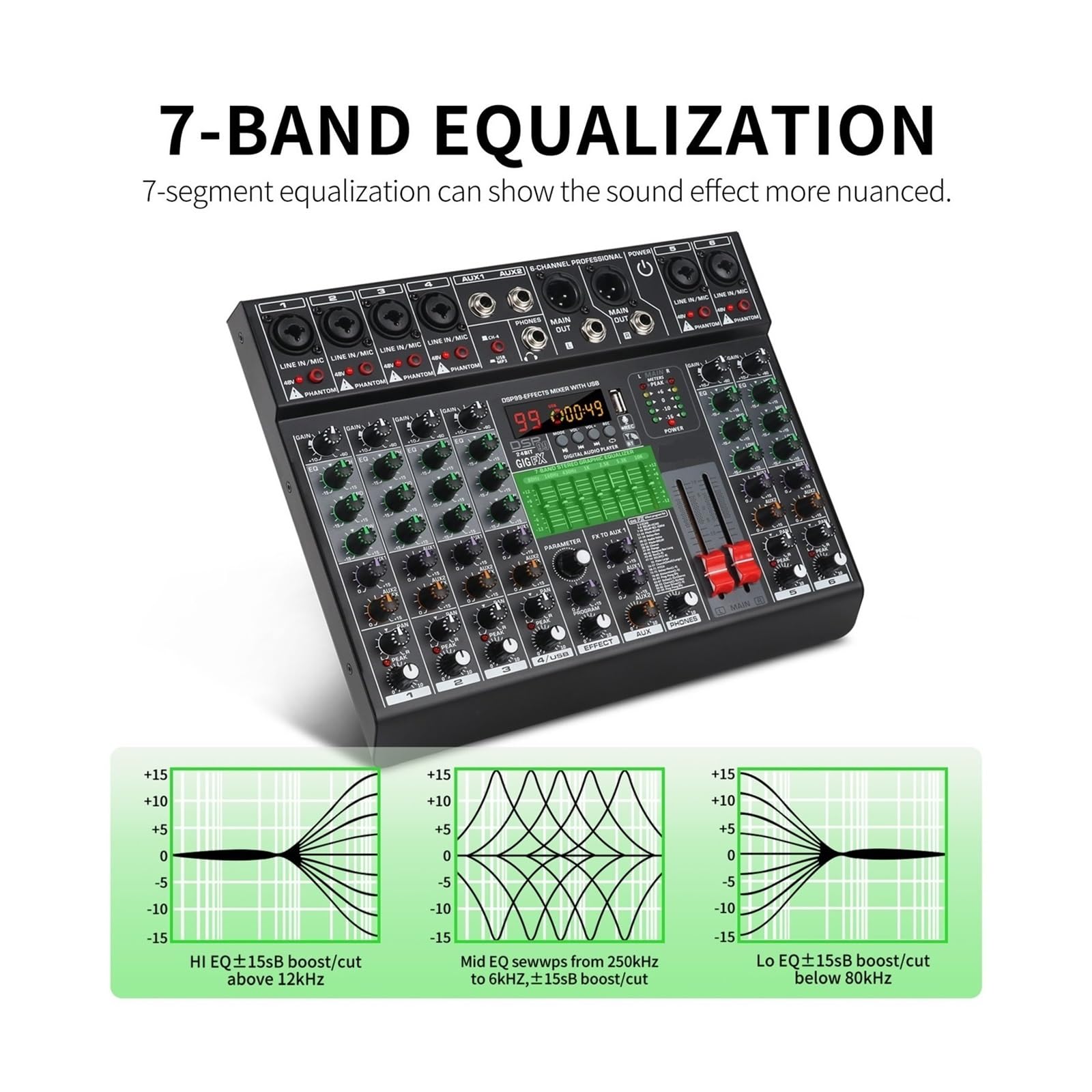 Mezclador de audio, Mezclador de audio profesional 6 canales con 99 efectos DSP, ecualizador 7 bandas, alimentación fantasma 48 V, interfaz USB for grabación