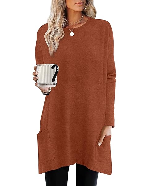 XIEERDUO Womens Tunic Tops Long Sleeve Crew Neck High Low Hem Loose Fit Shirts Blouses with Pockets