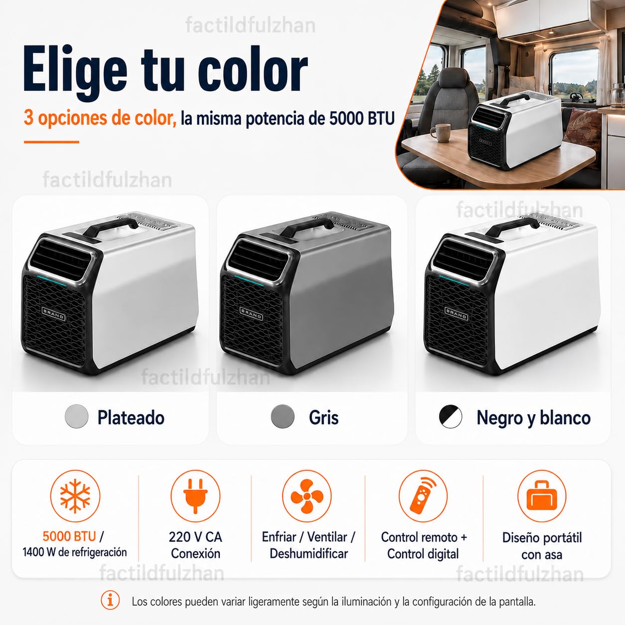 Aire acondicionado portátil 220V-240V 1400W 5000BTU Nuevo modelo Gray-220V | Refrigeración para 8-10 m² con deshumidificación, modo sueño, temporizador y pantalla LCD táctil para hogar y oficina.