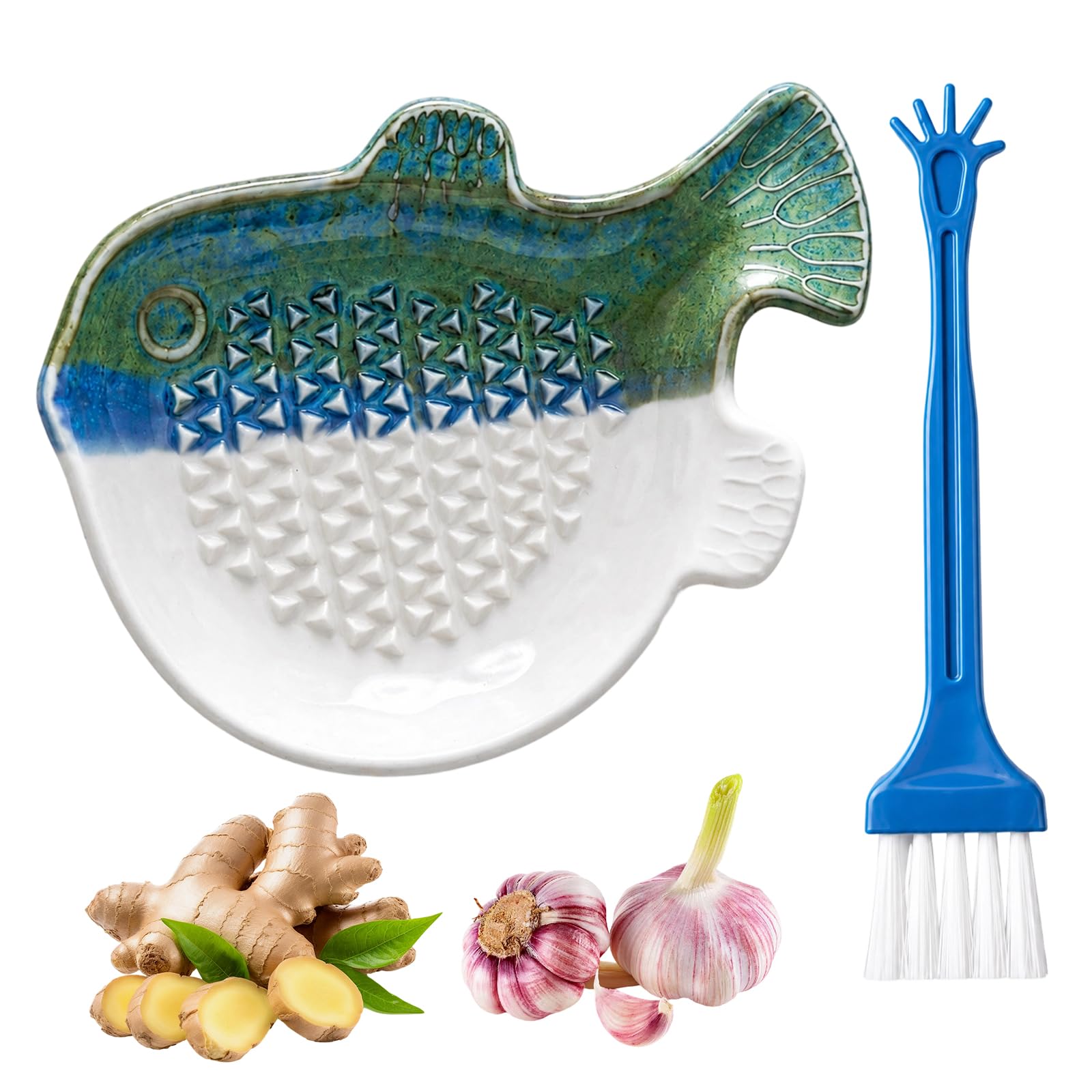 Garlic Grater Plate, Ceramic Grating Plate with Cleaning Brush, Ceramic Fish-Shaped Ginger Grater Plate, Grating Plate for Kitchen Ingredient Preparation, Unique Kiln-Changed Color