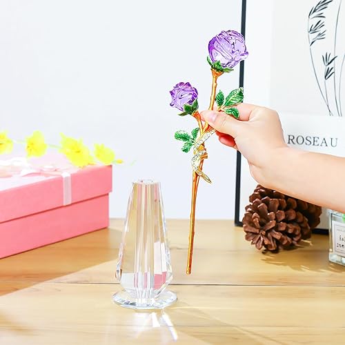 Miniatura 5 de YWHL Figura de cristal hecha a mano con florero, ramo de flores de cristal, adorno de rosas para esposa, mujer, flor de cristal, decoración de mesa