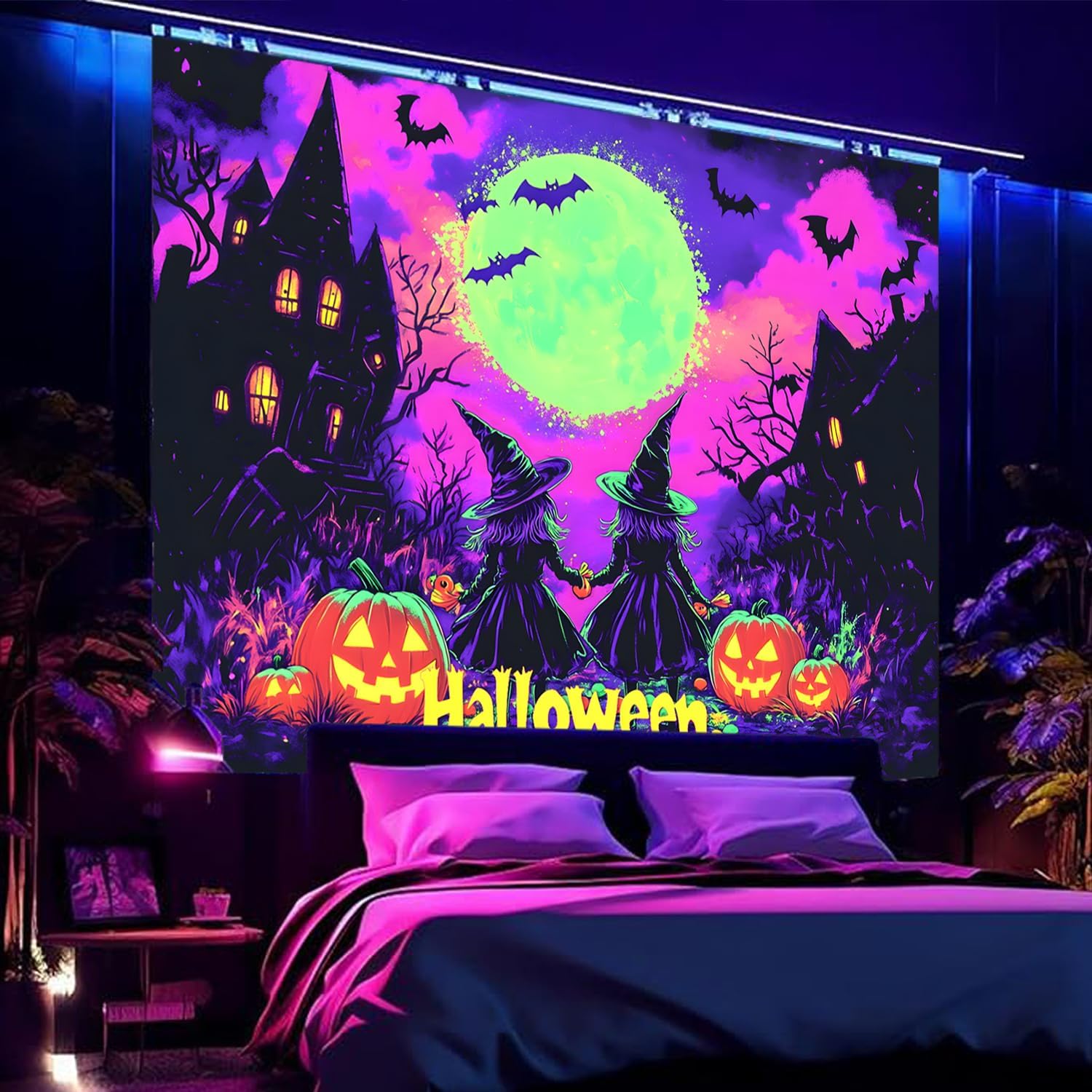 BSFHH Black Light Tapestry – UV Reactive Glow in the Dark Wall Hanging, Spooky Night Scene with Ghosts & Pumpkins, Haunting Home Decor for Parties, Bedroom, or Dorm (Moon, 90L x 70W, Unframed)