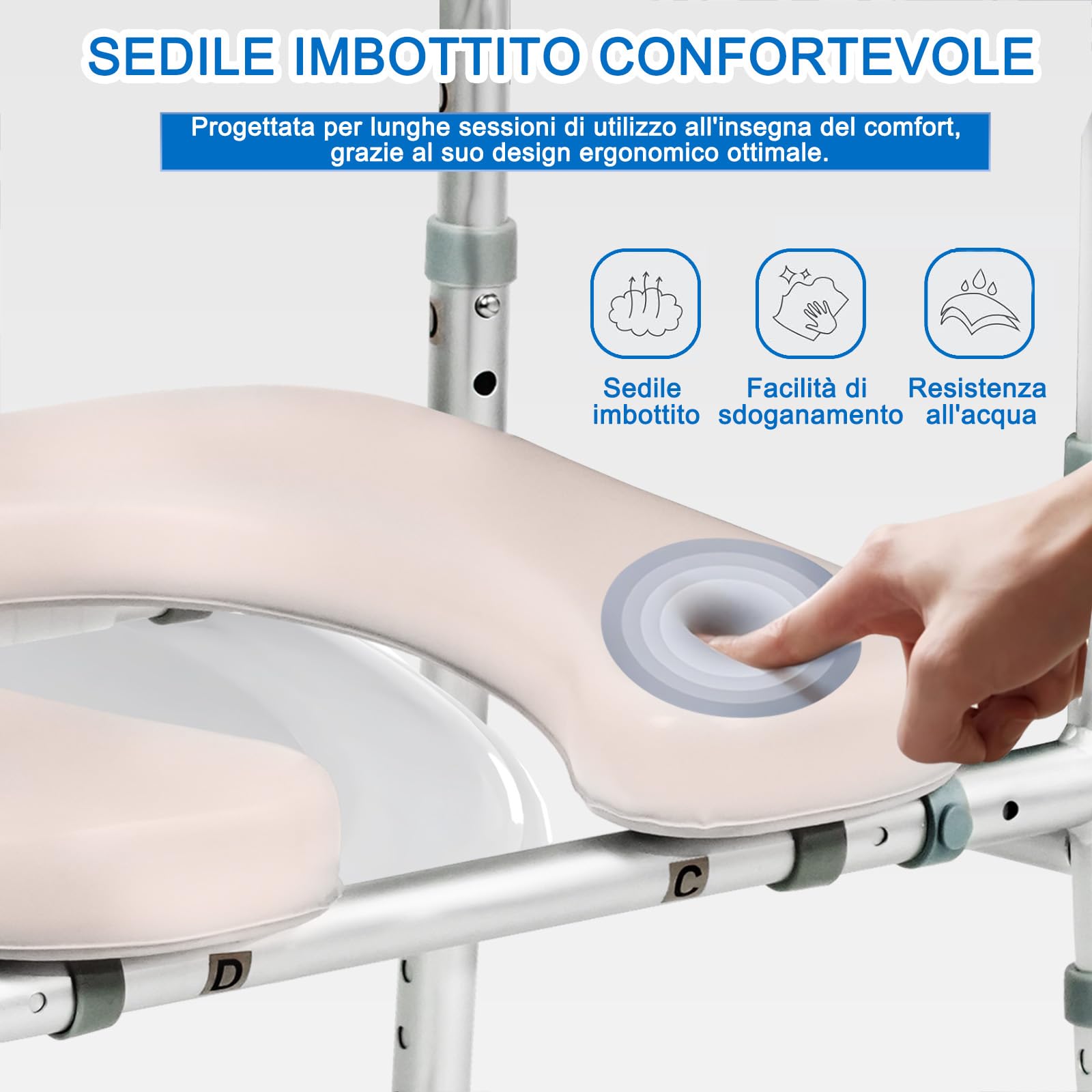 NJUN Rialzo WC per Anziani, Sedile del Water Rialzato con Braccioli, Regolabile in Altezza 66-84 cm, Comoda WC Alzata Water per Anziani con Seduta Imbottita e Telaio in Alluminio, Braccioli per WC