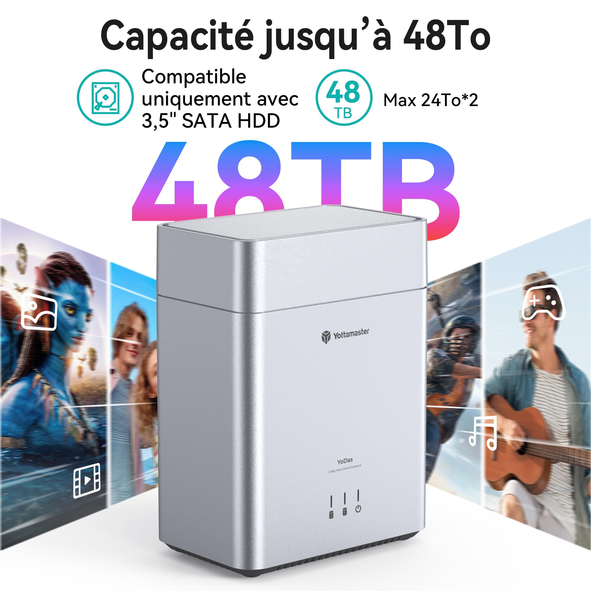 Yottamaster 2 Baies Boitier Disque Dur Externe, 3.5 HDD 5Gbps Couvercle Magnétique, Installation sans Outil, Jusqu’à 24 to × 2, Ventilateur Intégré de 60mm, Fonction Veille Automatique (sans Raid)
