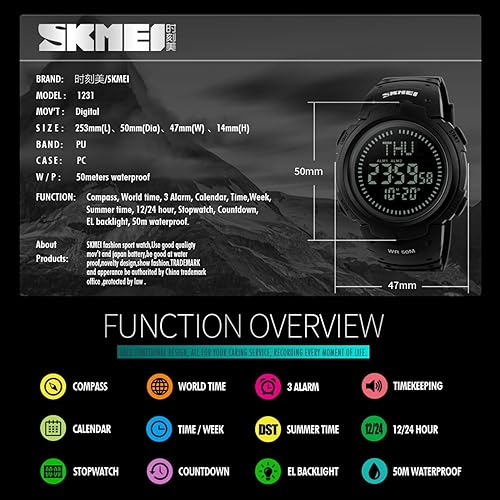 Miniatura 6 de Reloj digital deportivo militar para hombre con brújula de supervivencia 50M impermeable cuenta regresiva 3 alarma cronómetro