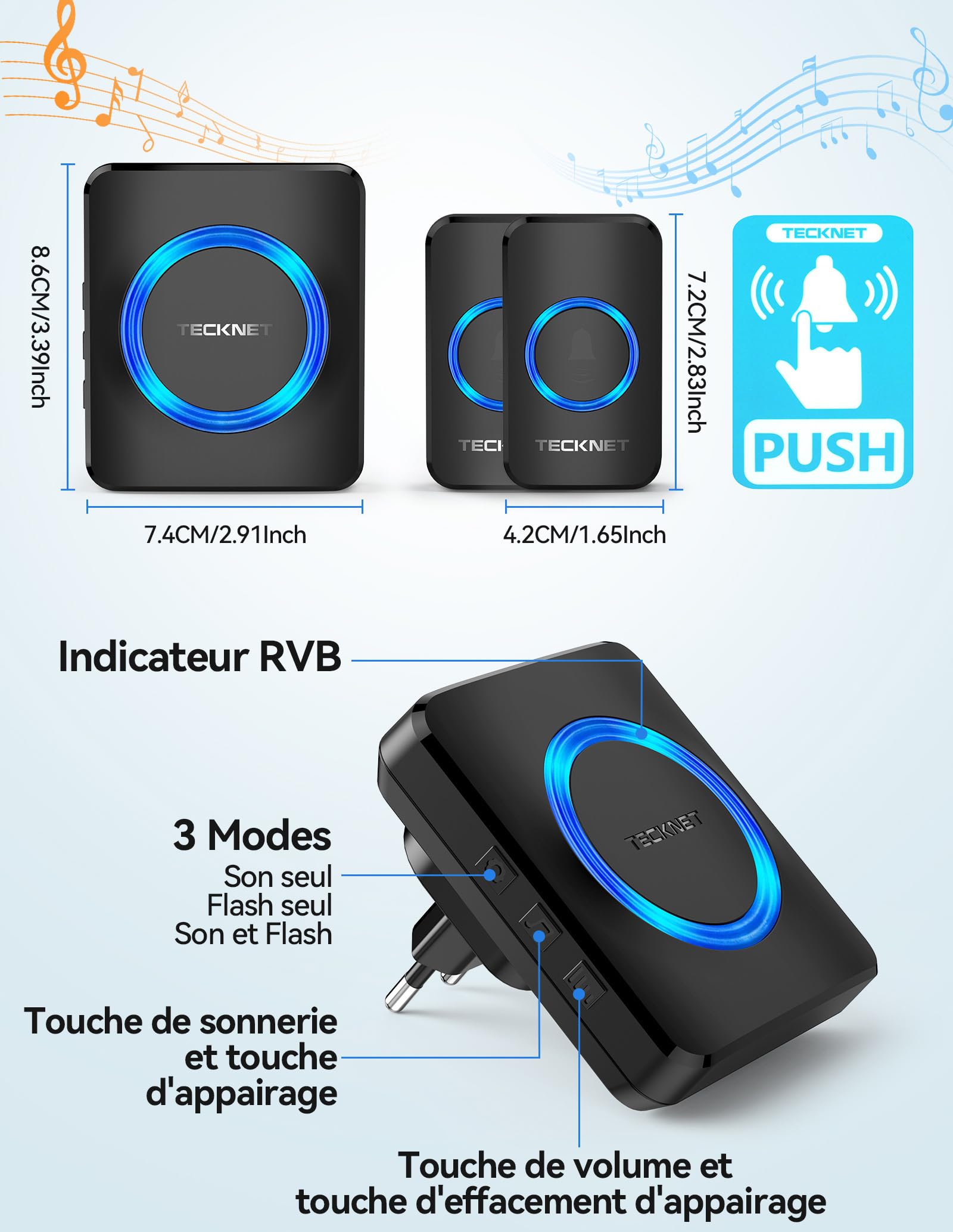 TECKNET Sonnette sans Fil Exterieur Etanche, Sonnette sans Fil Portée 600m, Kit de Sonnette avec 1 Récepteur Enfichable et 2 émetteurs, Indicateur RVB, 60 Mélodies, 5 Niveaux de Volume