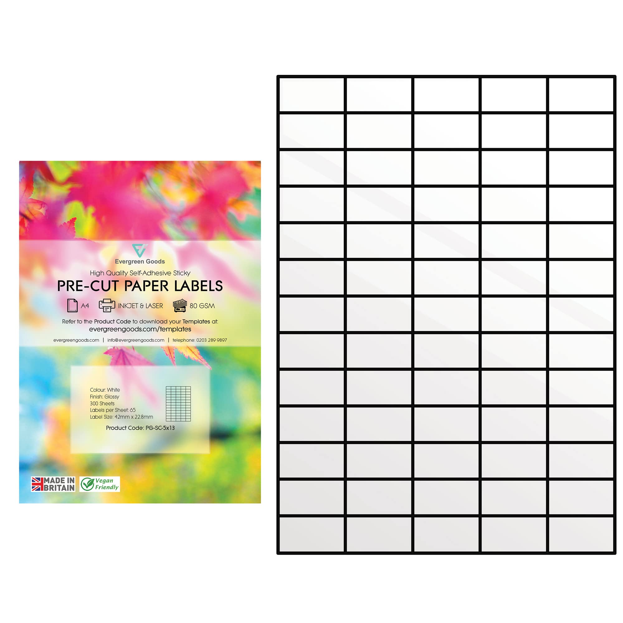 Evergreen Goods A4 Vorgeschnittenes Weiße Versandetiketten, 300 Blatt | Hochglanz Papier, selbstklebende Rückseite für Tintenstrahl- und Laserdrucker, Mehrzweck-Drucketiketten 5x13 65 pro A4
