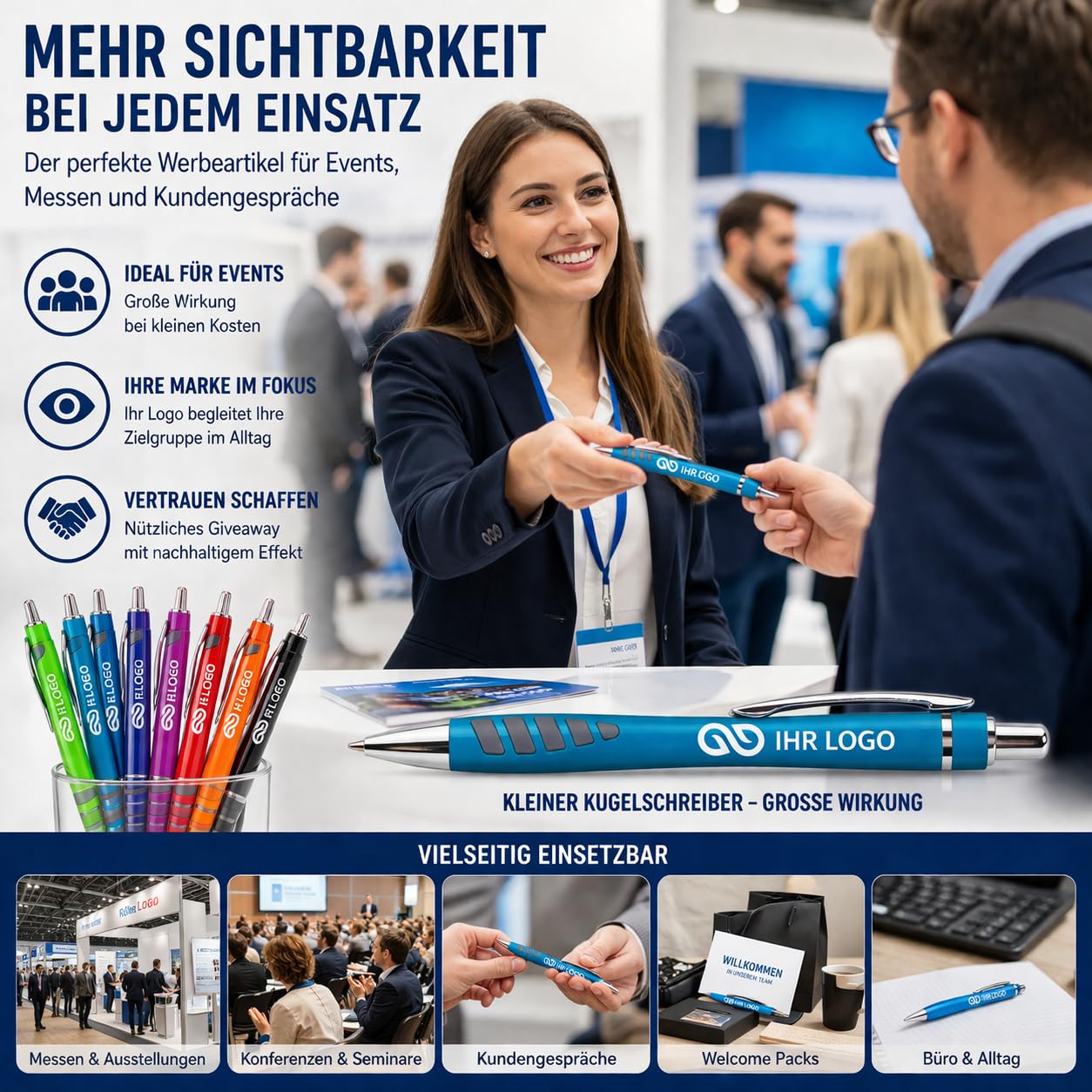 WPRO Personalisierte Kugelschreiber 250 Stück mit Logo Kunststoff blau schreibend; Werbekugelschreiber bedruckt für Messe Events Promotion Streuartikel Javi