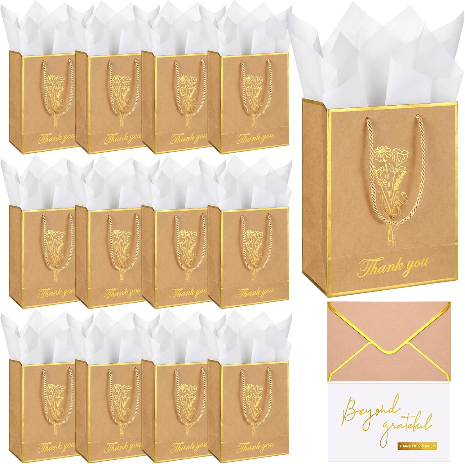 Gilprop 12 Sets Thank You Gift Bags with Handle and Cards, Small Gold Foil Paper Bags with Tissue for Wedding Guests Bridal Shower Graduation Mother's Day Small Business, 9 x 7 x 4 inch