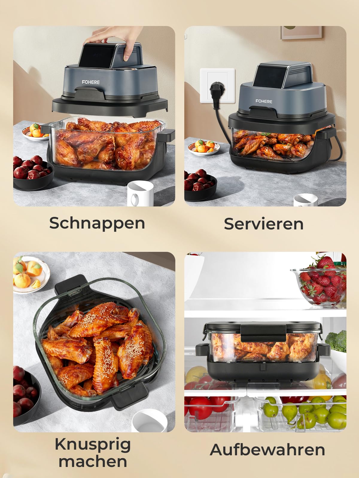 FOHERE 4L Tragbare Air fryer Heißluftfritteuse, 2 Glasbehälter, Blau, 1500W | 4-in-1: Heißluftfrittieren, Backen, Recrisp, Max Crisp. 1,5L Zusatzbehälter, spülmaschinenfest, 6 Portionen, tragbar