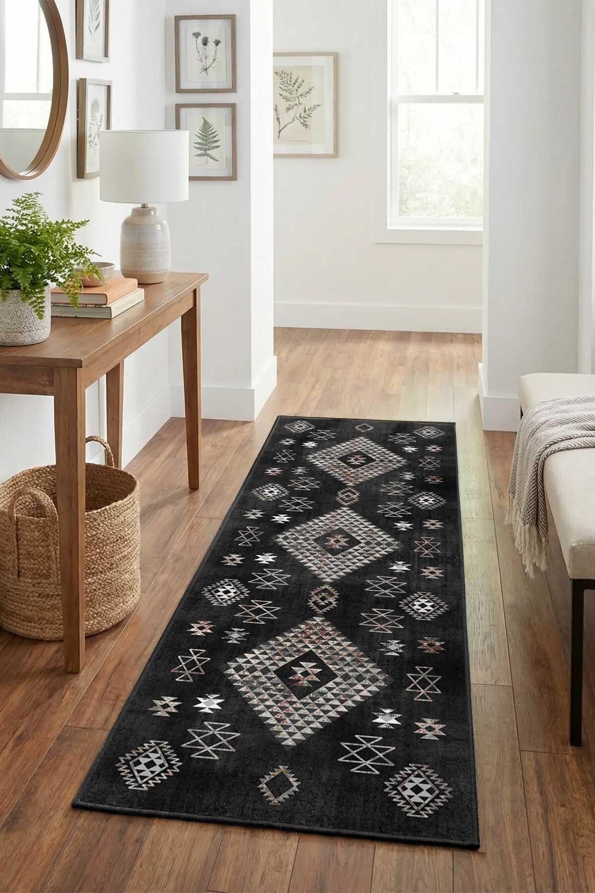 Monnhein Siyah Yolluk 1484 - Yıkanabilir, Kaymaz Taban, Dijital Baskılı, Leke Tutmaz, İnce Hav, Modern Koridor, Mutfak, Antre ve Salon için Dekoratif Yolluk