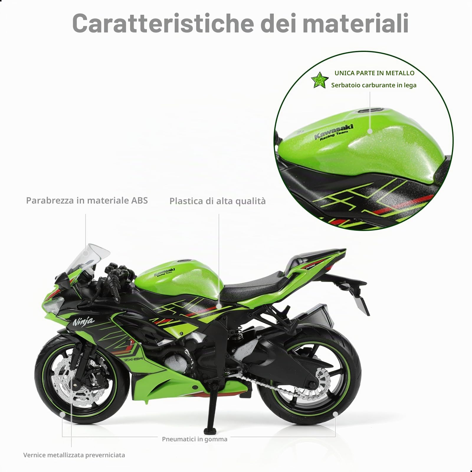 1:12 Modello compatibile per Kawasaki Ninja ZX-6R in Metallo Diecast - Moto Giocattolo Mini - Regalo (Verde)