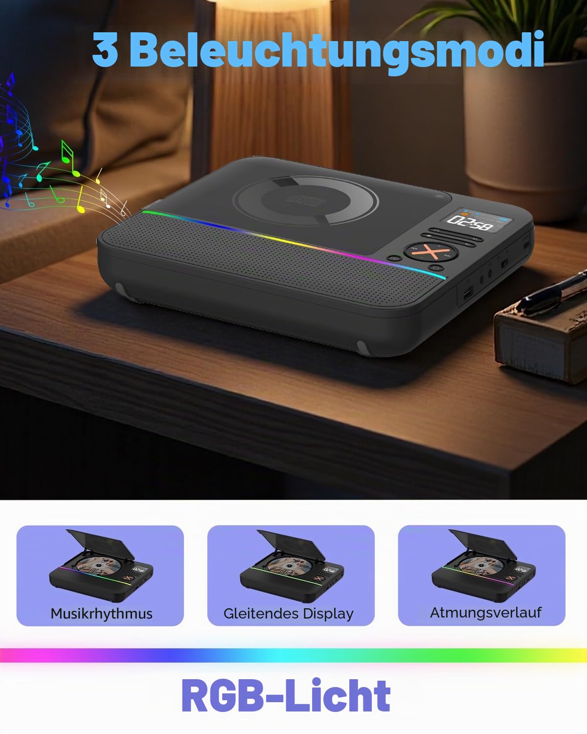 Tragbarer CD Player Bluetooth, Boombox Desktop CD-Player mit Bluetooth FM-Radio und RGB LED-Anzeige Integrierte Dual-Lautsprecher Unterstützt USB/AUX für Hause Camping Tragbare CD-Players