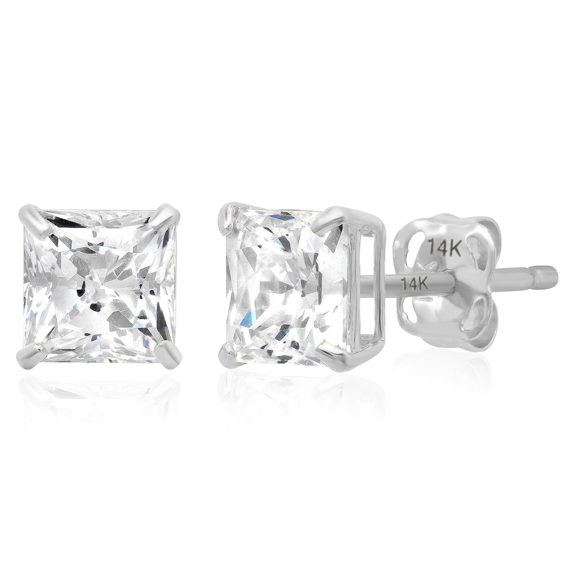 14K Gold Princess Cut CZ Stud Earrings for Women & Men | Anti Tarnishing Cubic Zirconia Earrings Studs with 14K Gold Butterfly Backs | 4MM 5MM 6MM 7MM CZ Gold Earrings by MAX + STONE